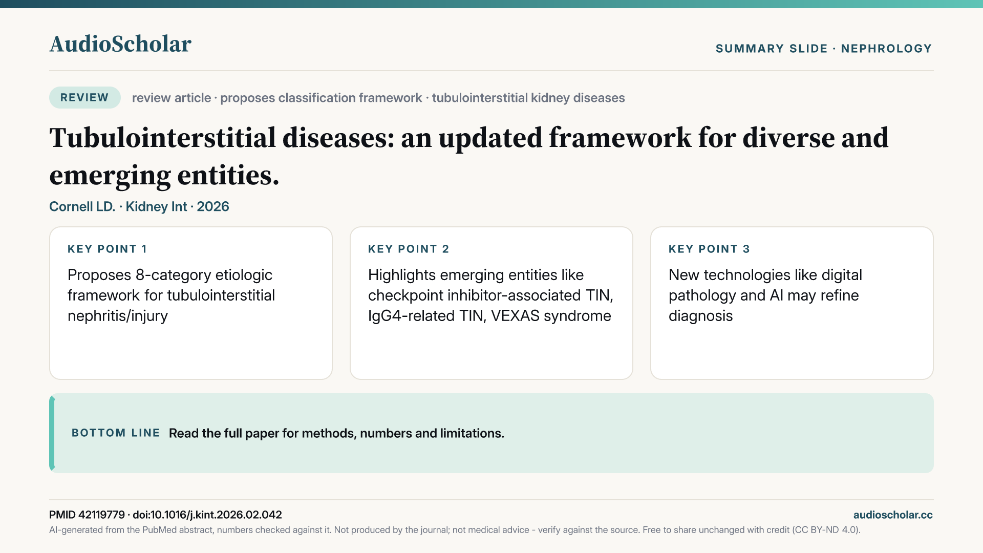 Summary slide: Tubulointerstitial diseases: an updated framework for diverse and emerging entities.