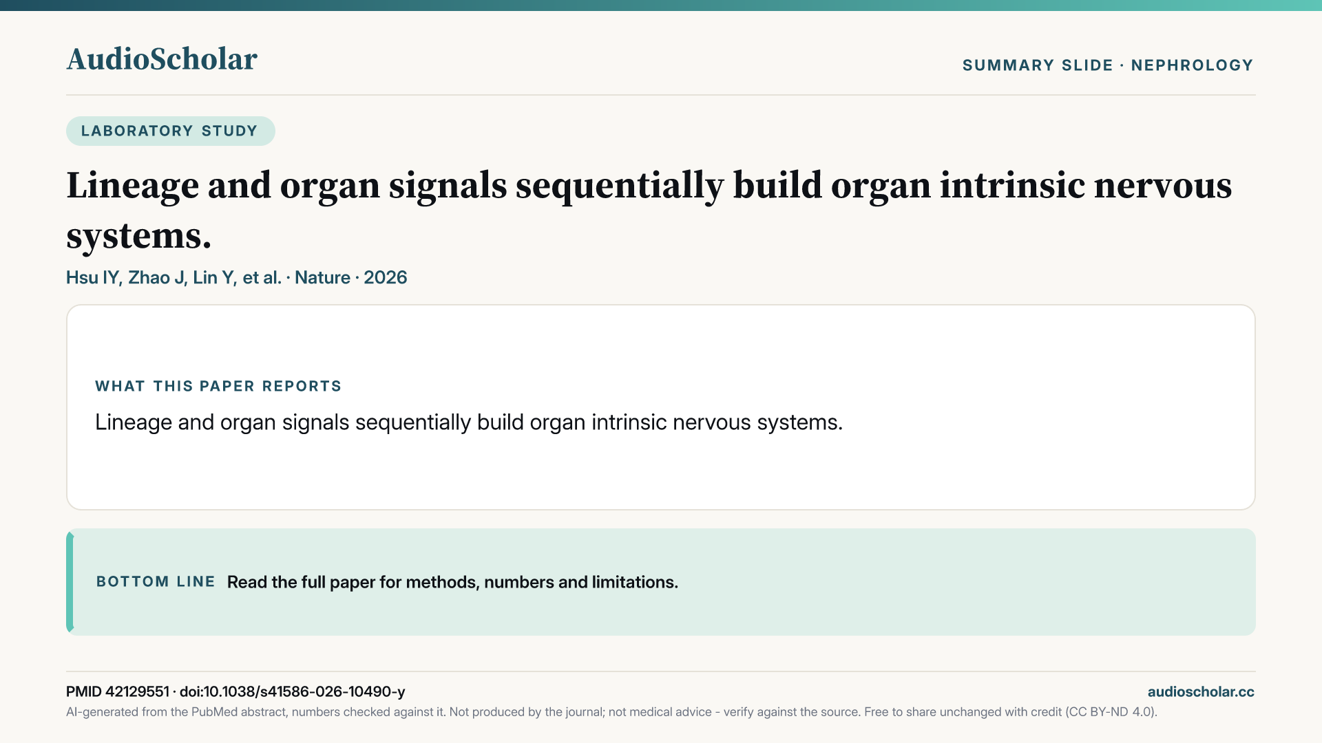 Summary slide: Lineage and organ signals sequentially build organ intrinsic nervous systems.