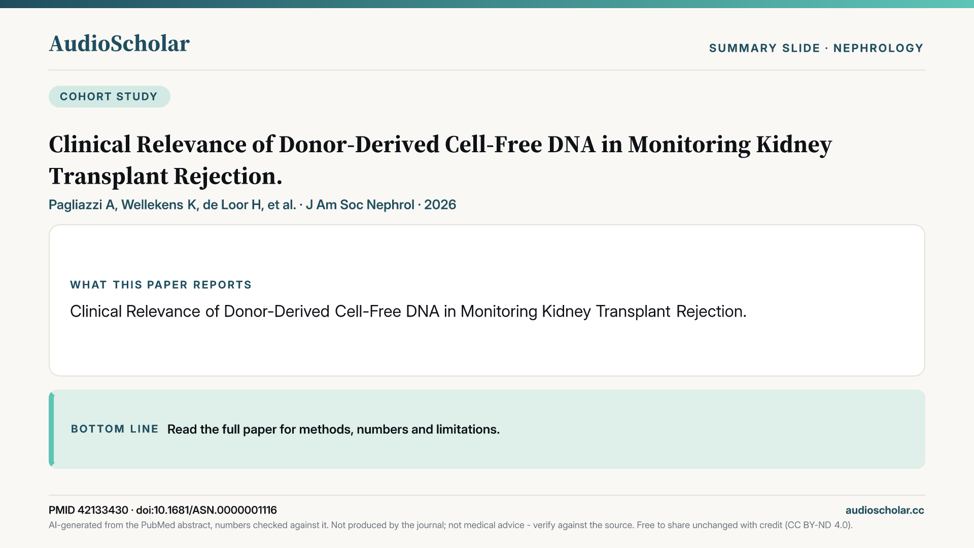 Summary slide: Clinical Relevance of Donor-Derived cfDNA In Monitoring Kidney Transplant Rejection.