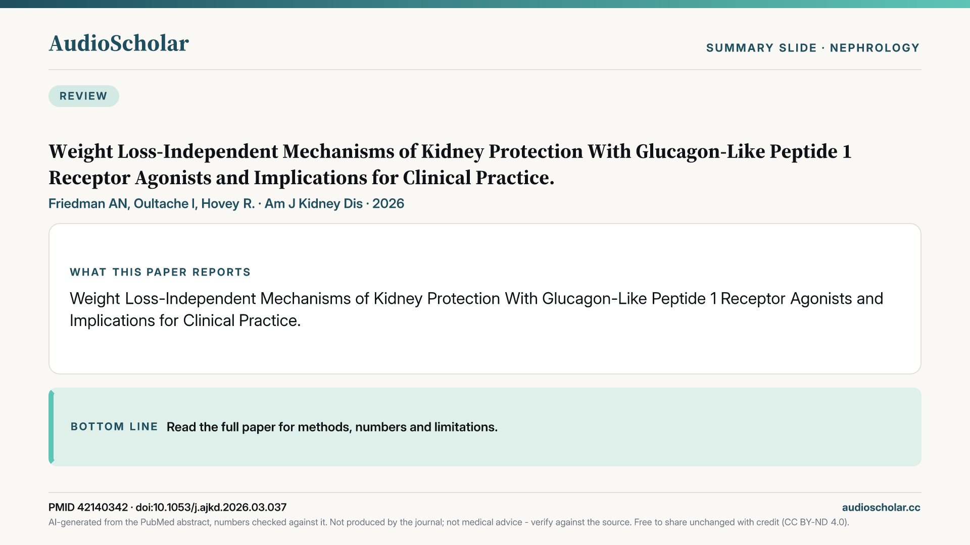 Summary slide: Weight Loss-Independent Mechanisms of Kidney Protection with Glucagon-Like Peptide-1 Receptor Agonists and Implications for Clinical Practice.