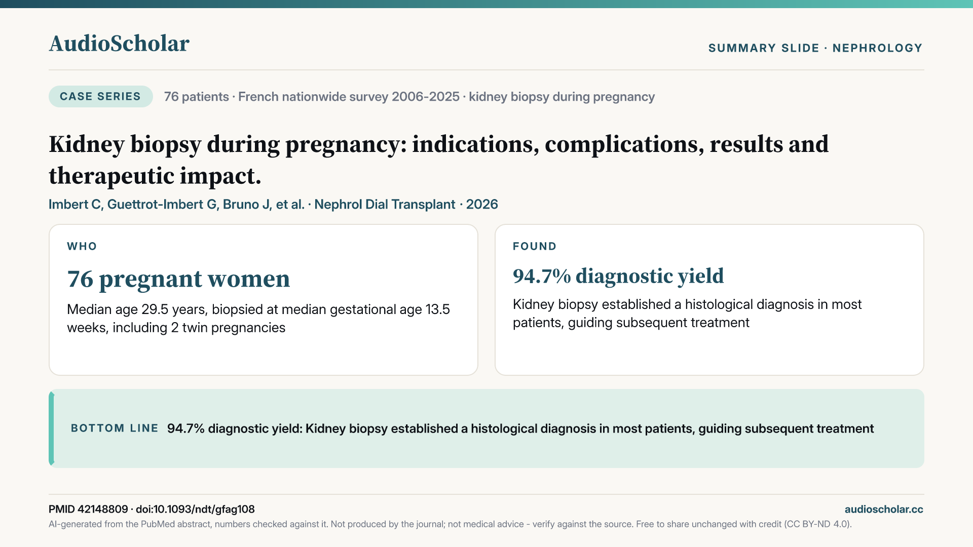 Summary slide: Kidney biopsy during pregnancy: indications, complications, results and therapeutic impact.
