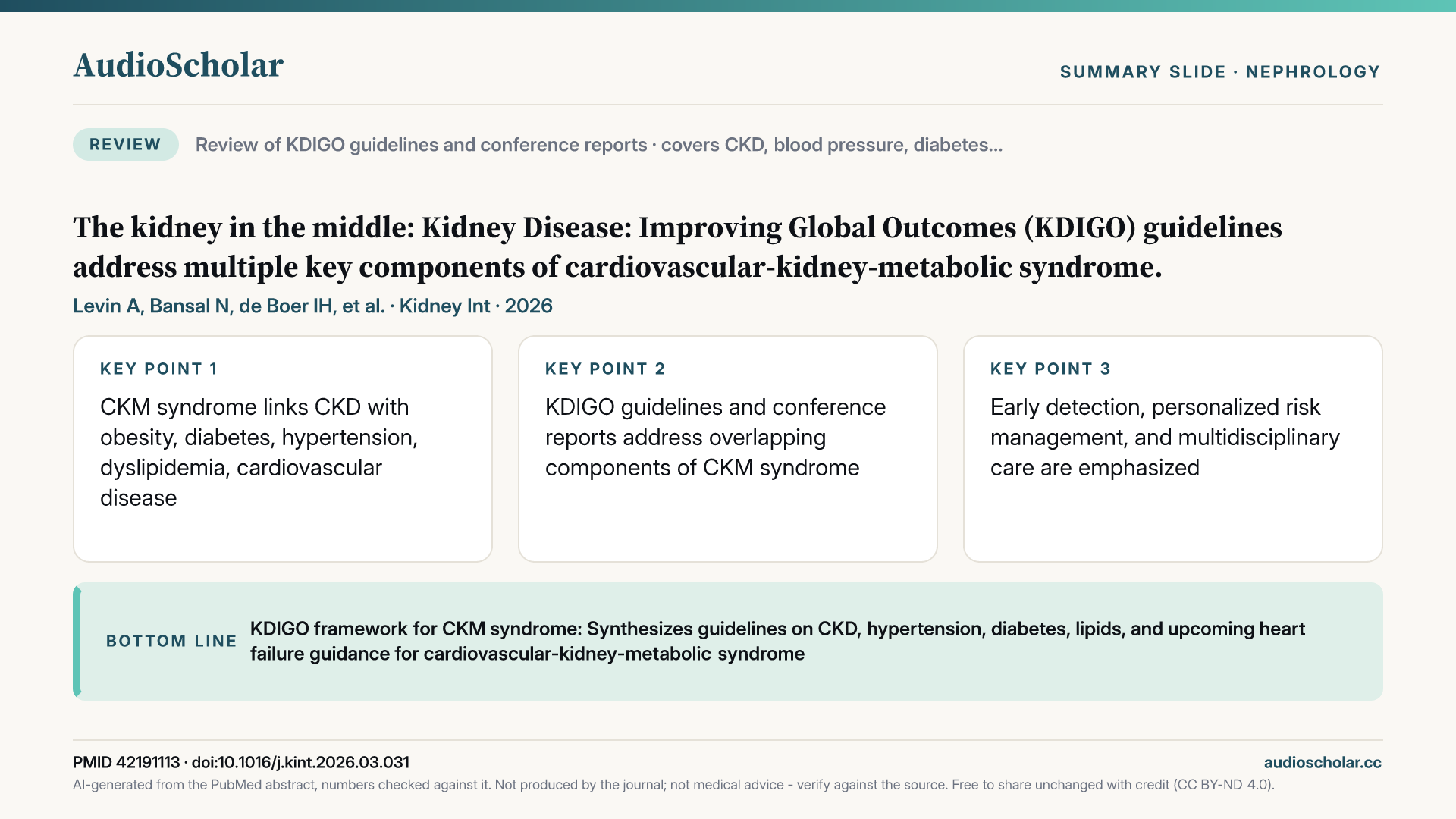 Summary slide: The Kidney in the Middle: KDIGO Guidelines Address Multiple Key Components of Cardiovascular-Kidney-Metabolic Syndrome.