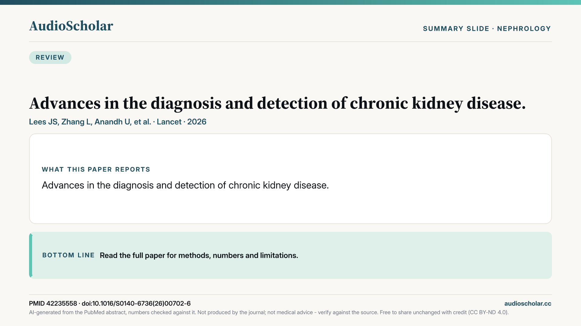 Summary slide: Advances in the diagnosis and detection of chronic kidney disease.