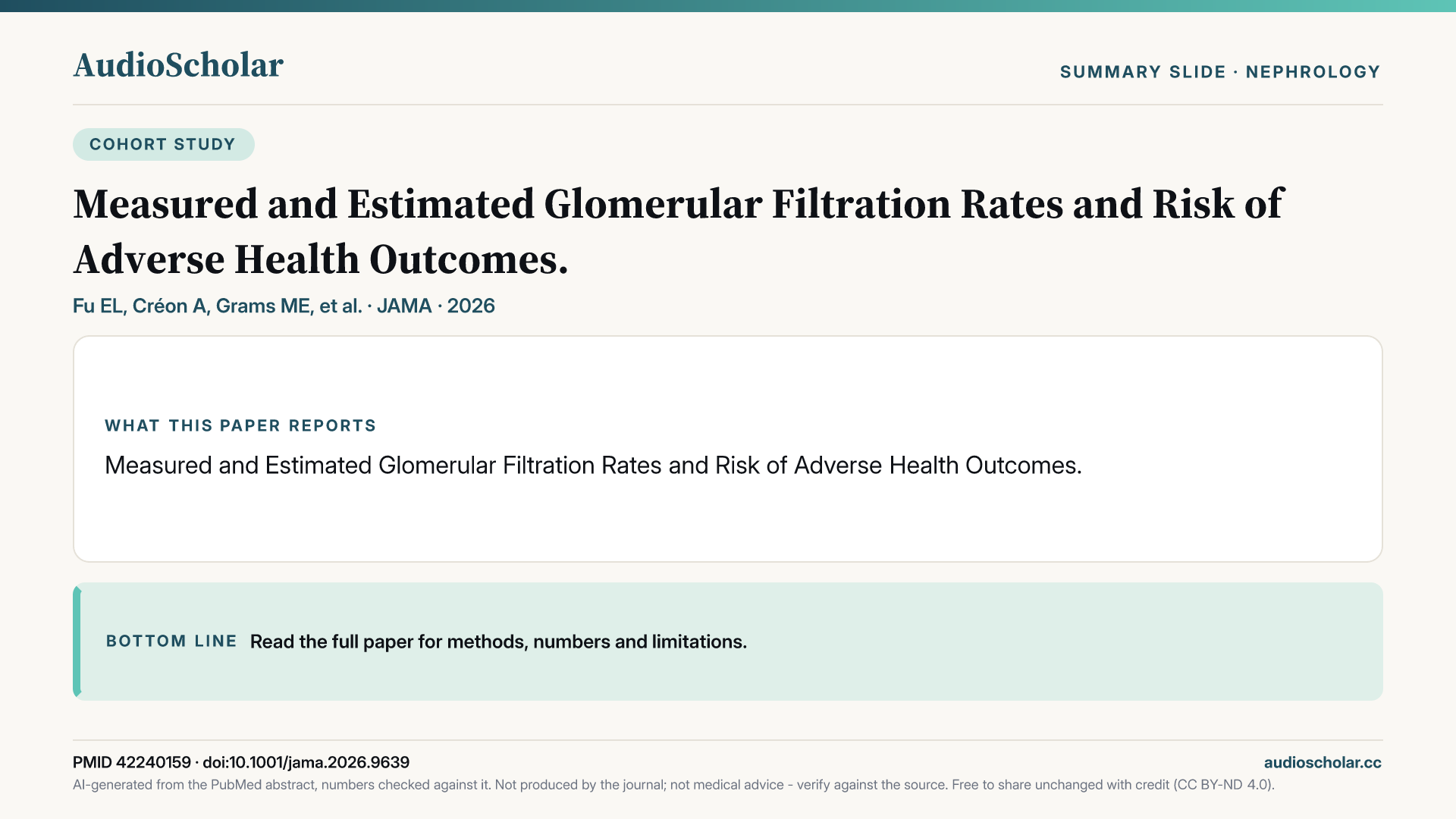 Summary slide: Measured and Estimated Glomerular Filtration Rates and Risk of Adverse Health Outcomes.