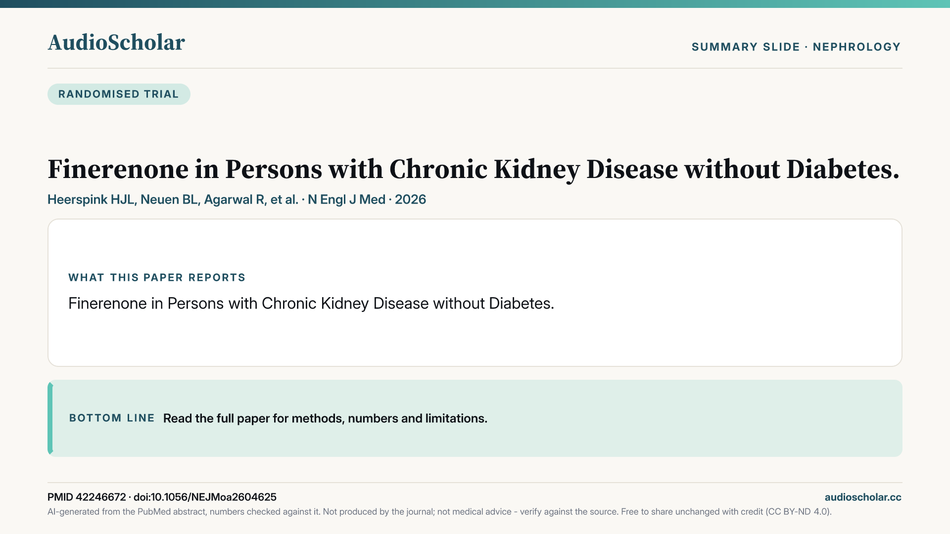 Summary slide: Finerenone in Persons with Chronic Kidney Disease without Diabetes.