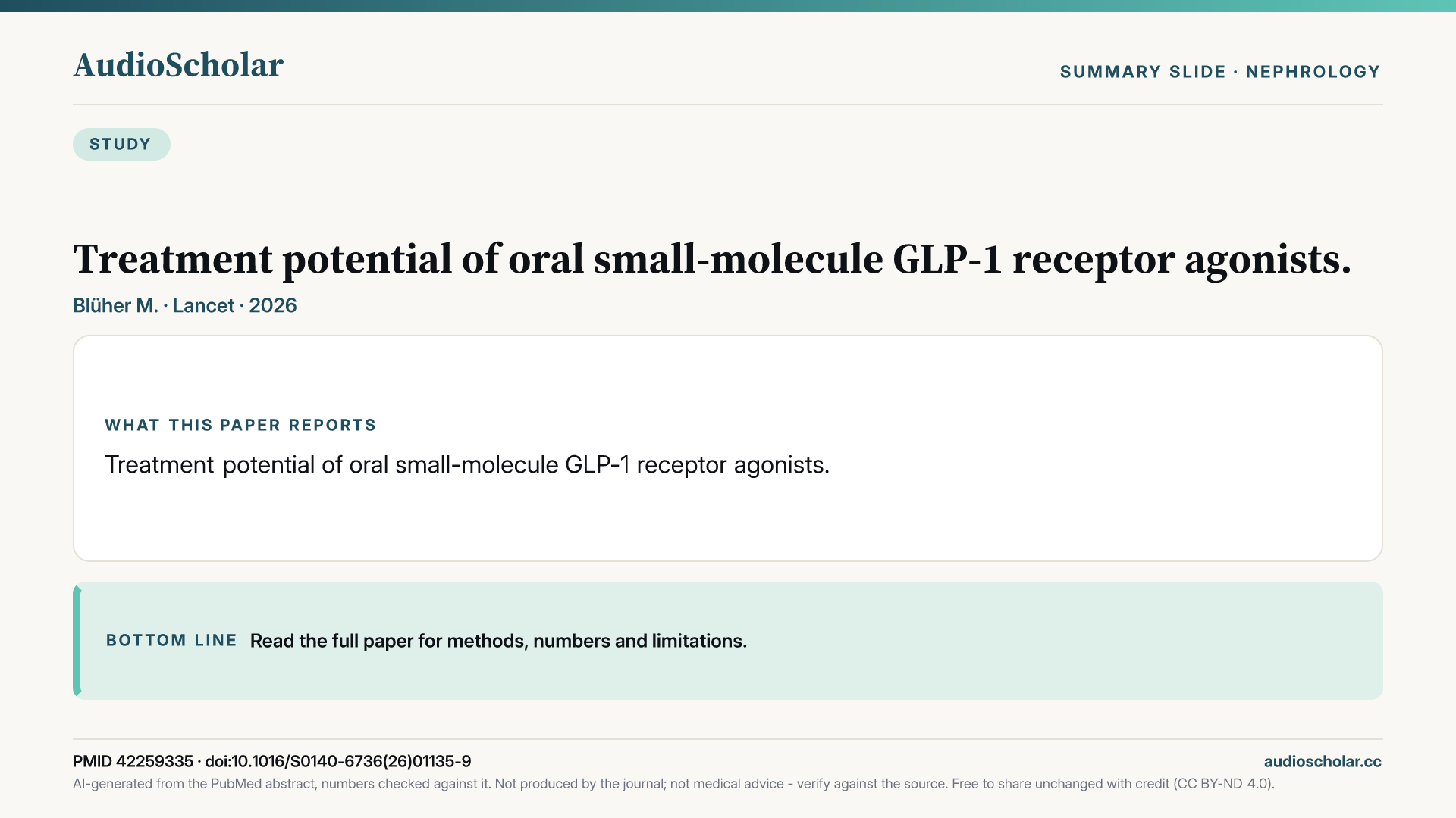 Summary slide: Treatment potential of oral small-molecule GLP-1 receptor agonists.