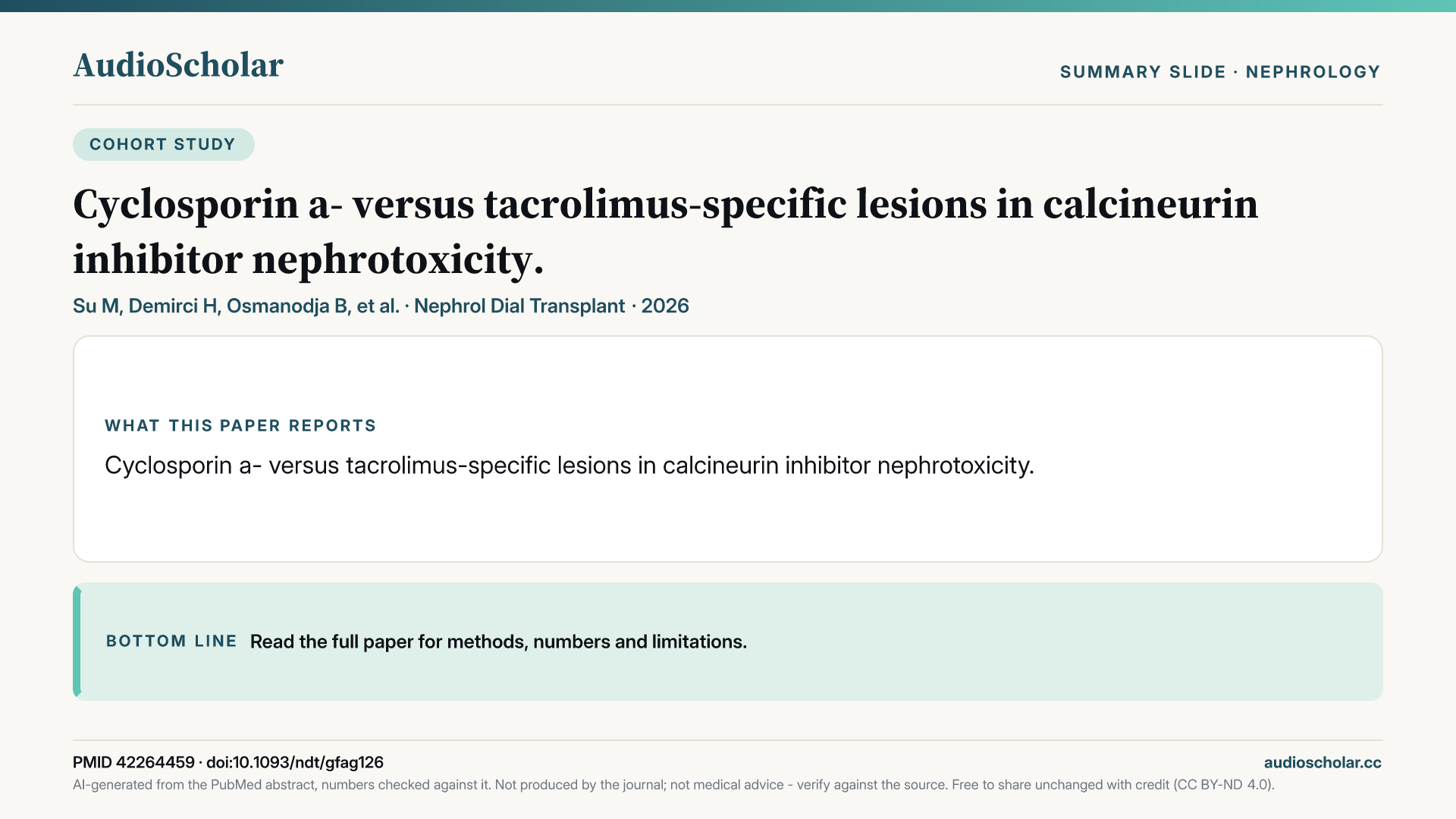 Summary slide: Cyclosporin a- versus tacrolimus-specific lesions in calcineurin inhibitor nephrotoxicity.