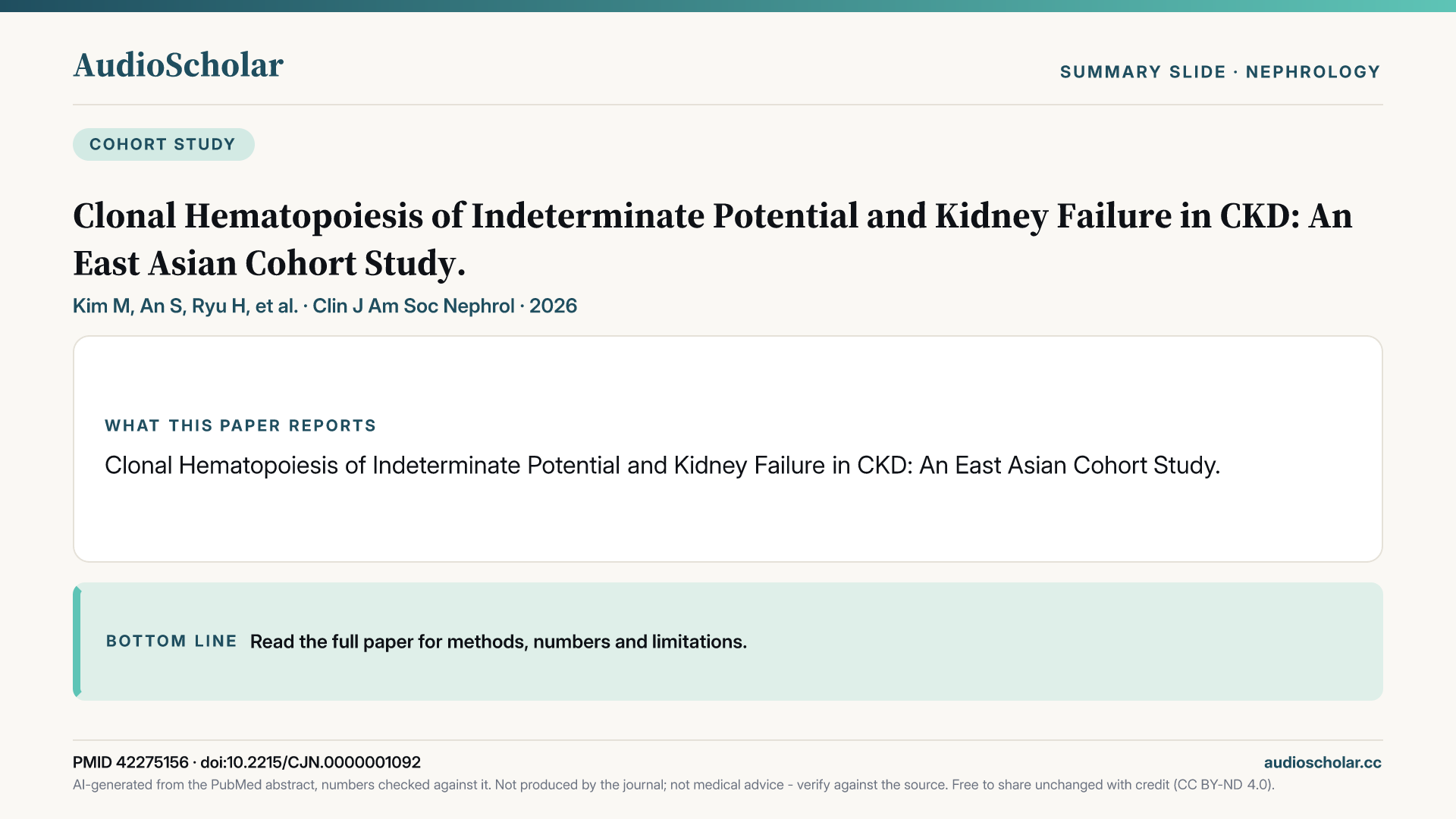 Summary slide: Clonal Hematopoiesis of Indeterminate Potential and Kidney Failure in Chronic Kidney Disease: An East Asian Cohort Study.