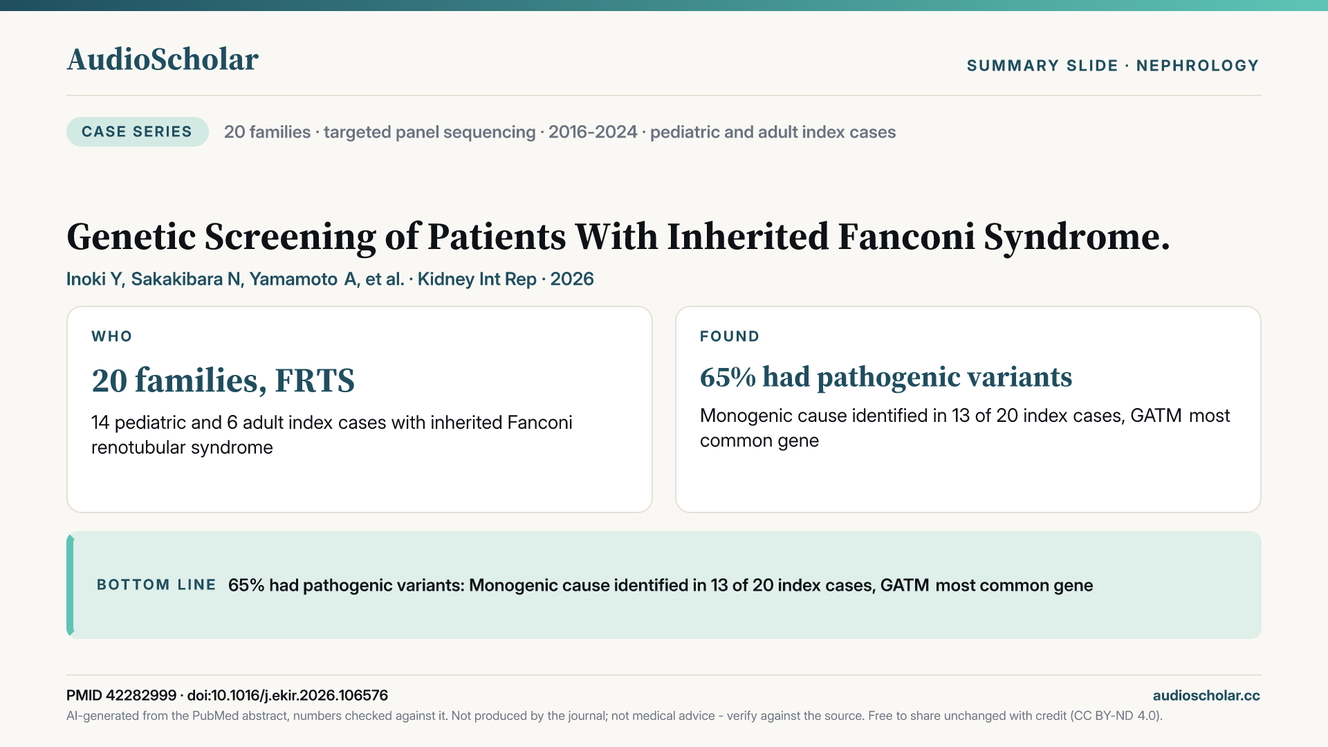 Summary slide: Genetic Screening of Patients With Inherited Fanconi Syndrome.