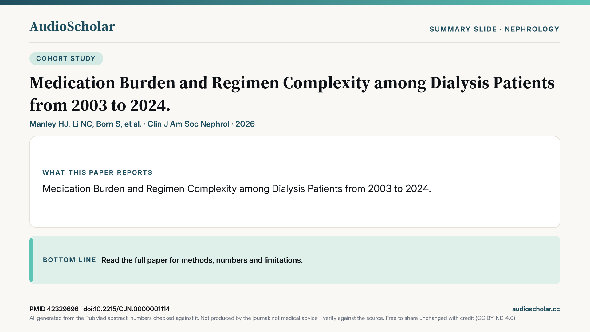 Summary slide: Medication Burden and Regimen Complexity Among Dialysis Patients from 2003 to 2024.