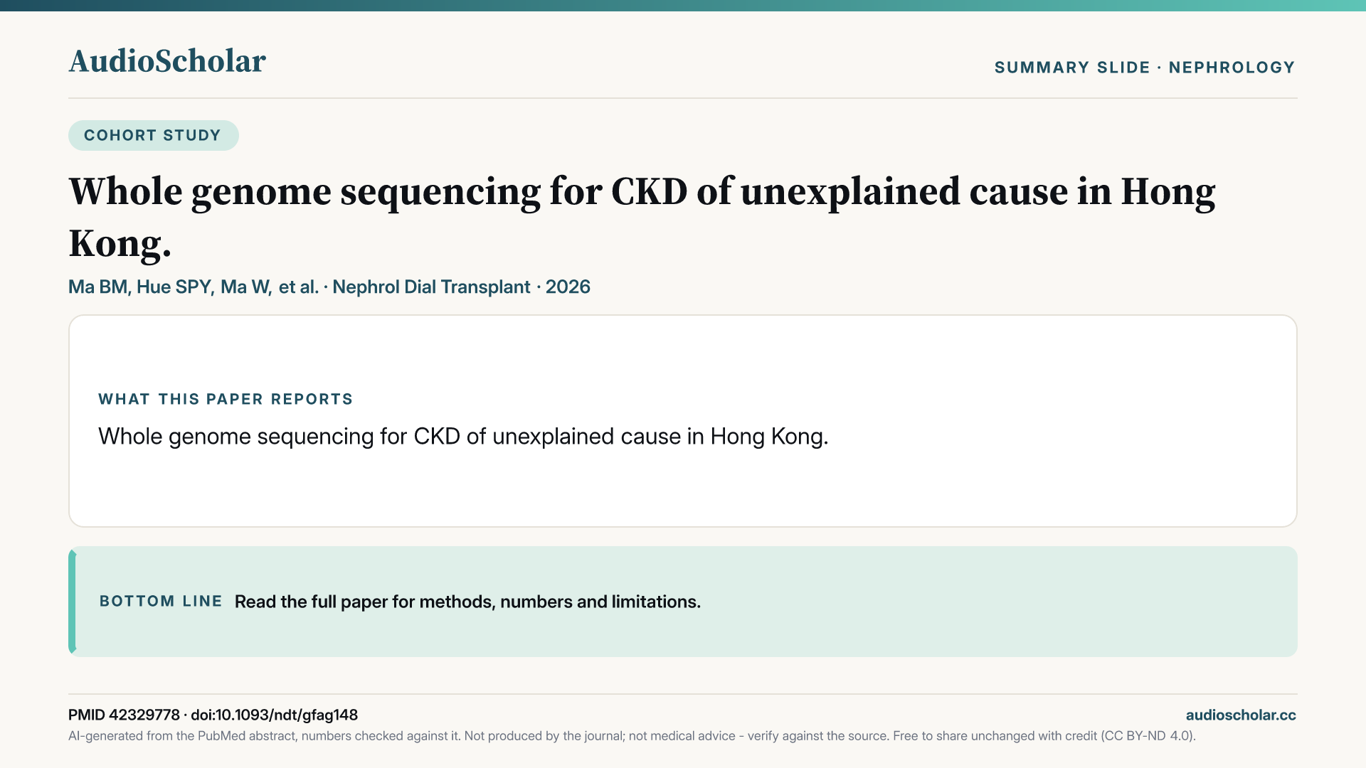 Summary slide: Whole genome sequencing for CKD of unexplained cause in Hong Kong.