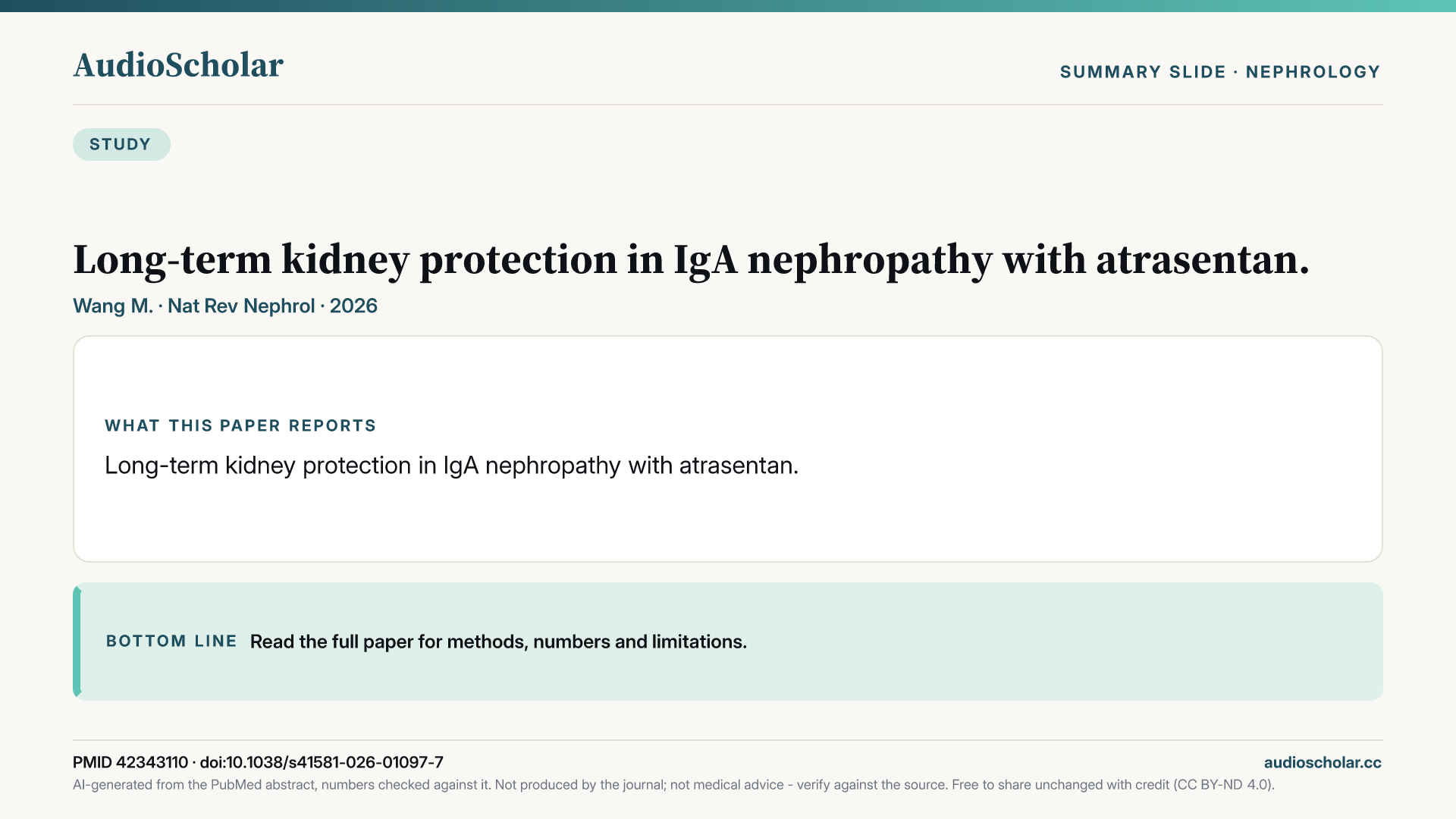 Summary slide: Long-term kidney protection in IgA nephropathy with atrasentan.