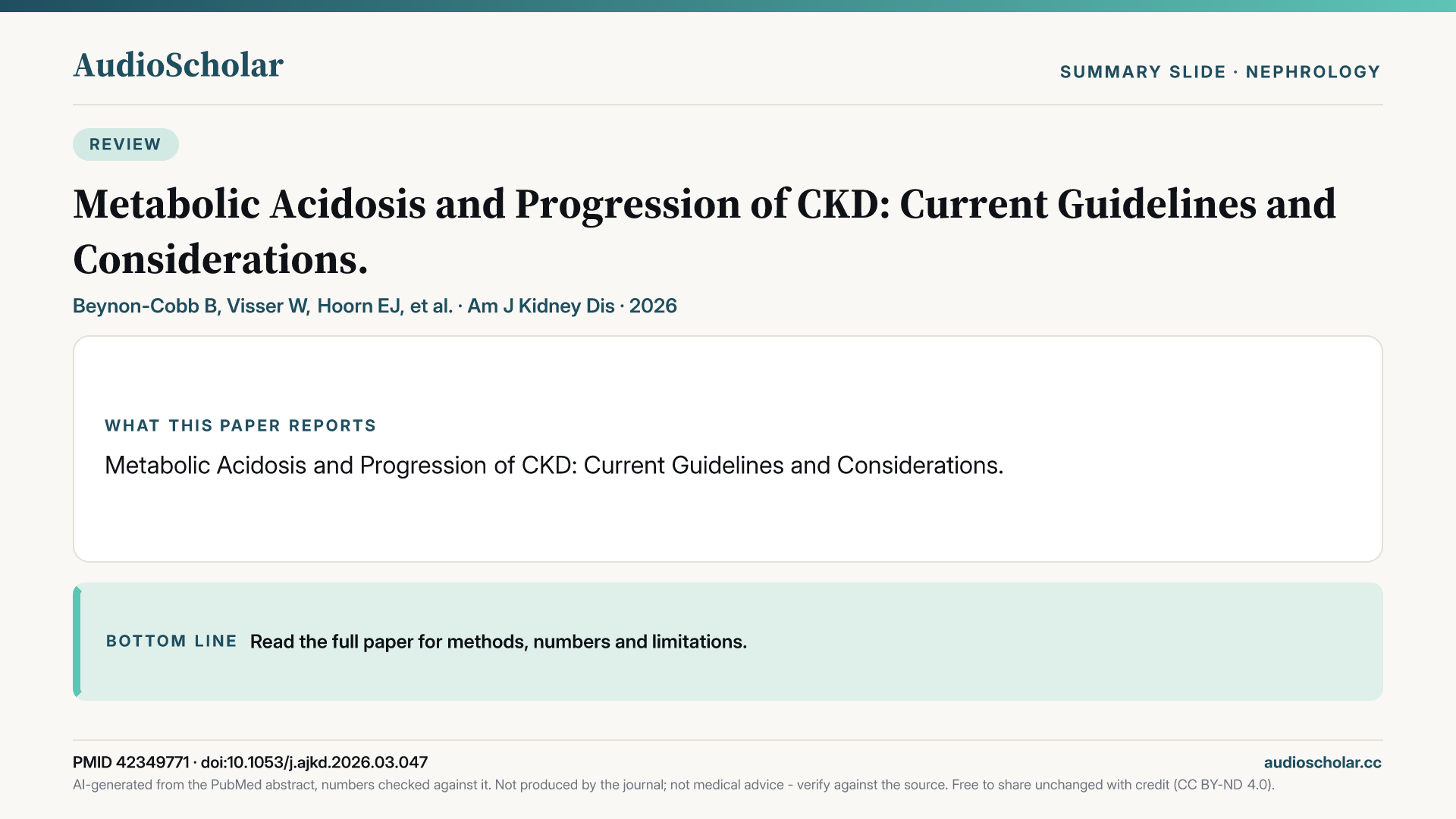 Summary slide: Metabolic Acidosis and Progression of CKD: Current Guidelines and Considerations.