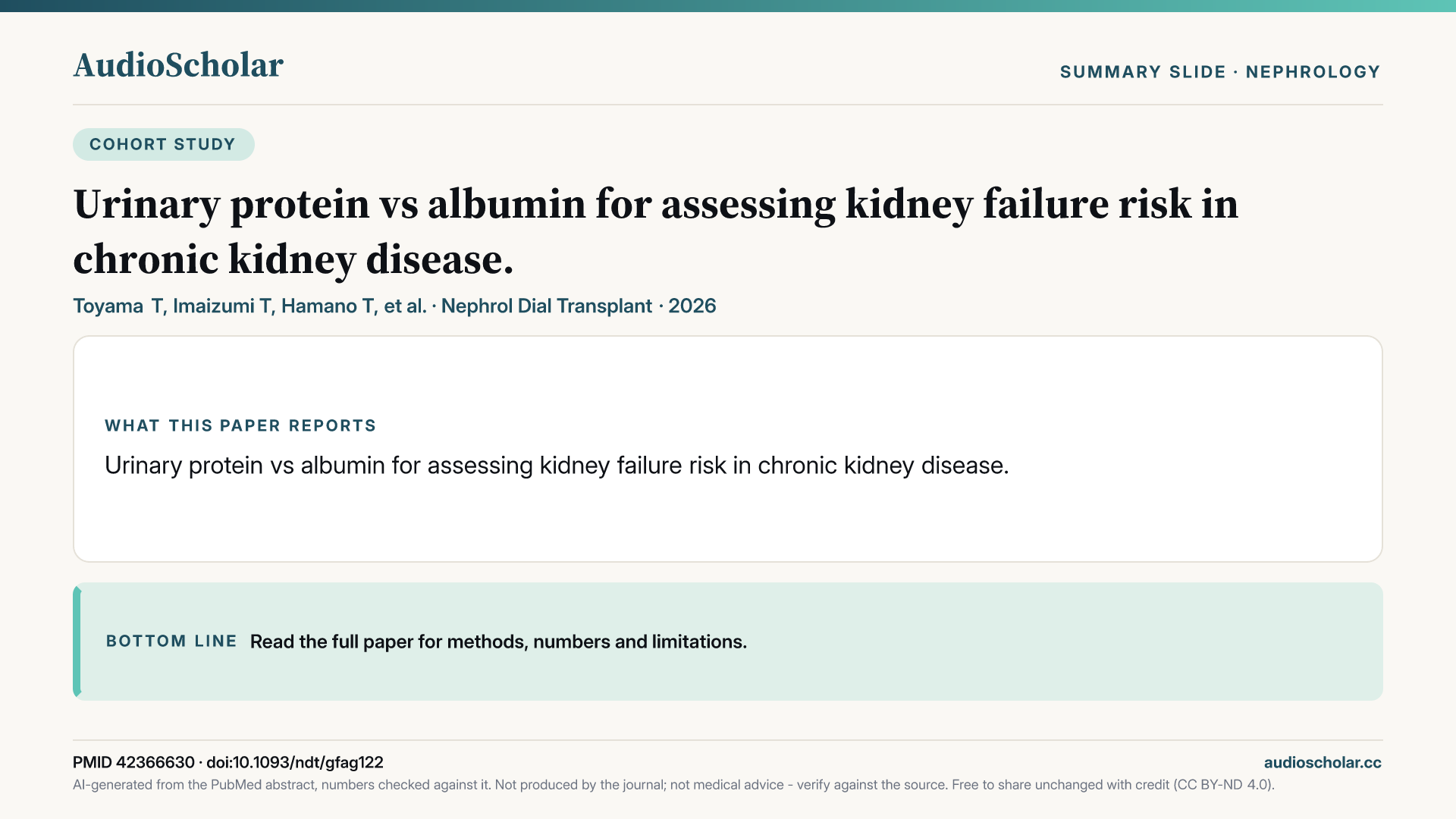 Summary slide: Urinary protein vs albumin for assessing kidney failure risk in chronic kidney disease.