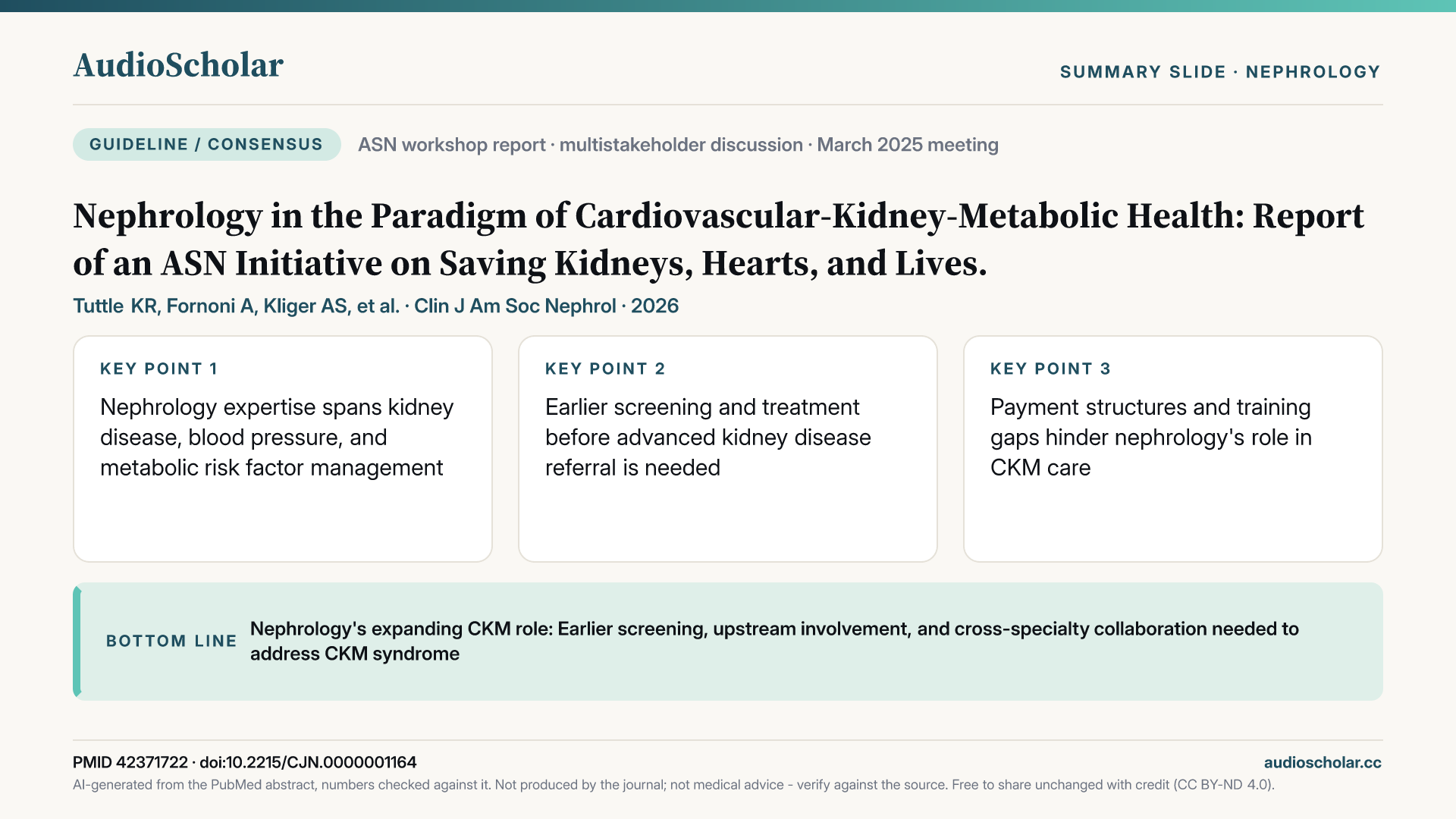 Summary slide: Nephrology in the Paradigm of Cardiovascular-Kidney-Metabolic Health: Report of an ASN Initiative on Saving Kidneys, Hearts, and Lives.
