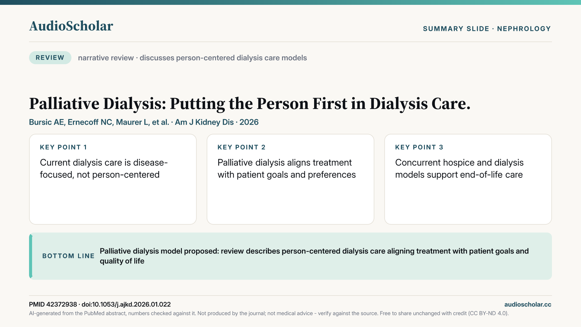 Summary slide: Palliative Dialysis: Putting the Person First in Dialysis Care.