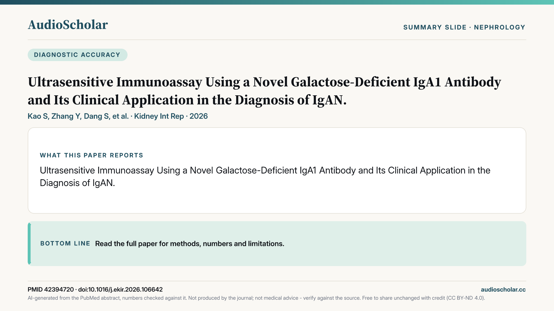 Summary slide: Ultrasensitive Immunoassay Using a Novel Galactose-Deficient IgA1 Antibody and Its Clinical Application in the Diagnosis of IgAN.