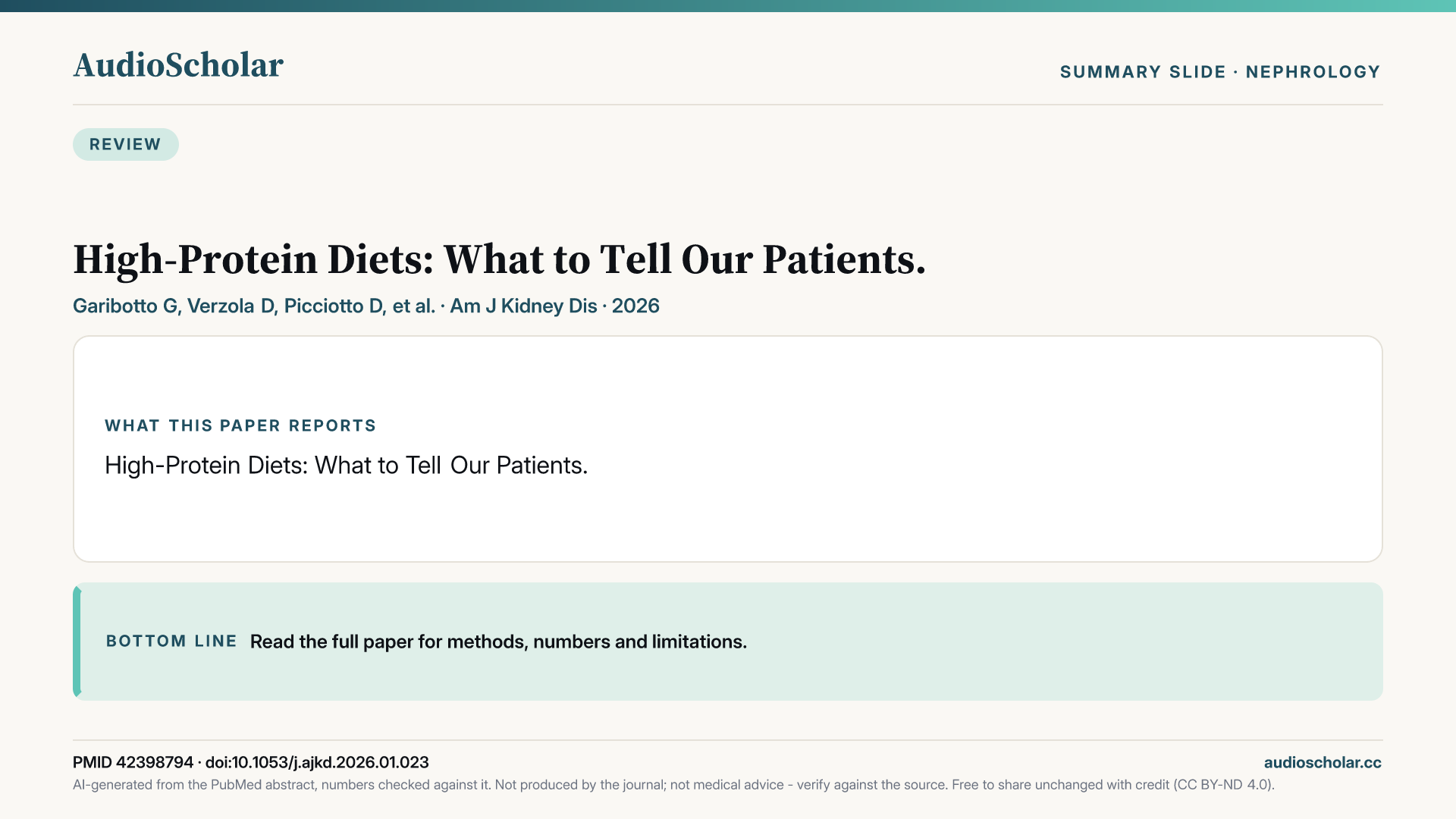 Summary slide: High Protein Diets: What to Tell Our Patients.
