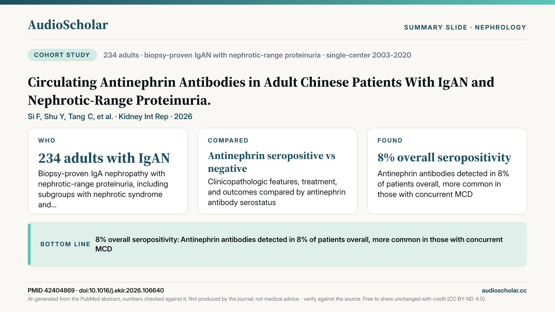 Summary slide: Circulating Antinephrin Antibodies in Adult Chinese Patients With IgAN and Nephrotic-Range Proteinuria.