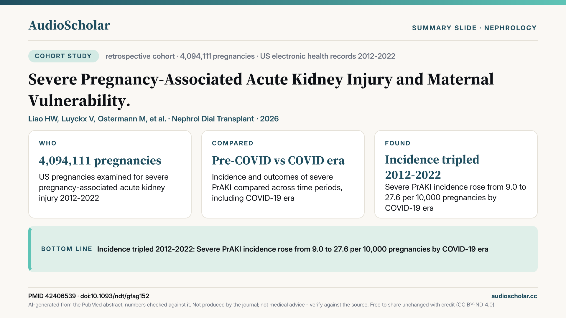 Summary slide: Severe Pregnancy-Associated Acute Kidney Injury and Maternal Vulnerability.