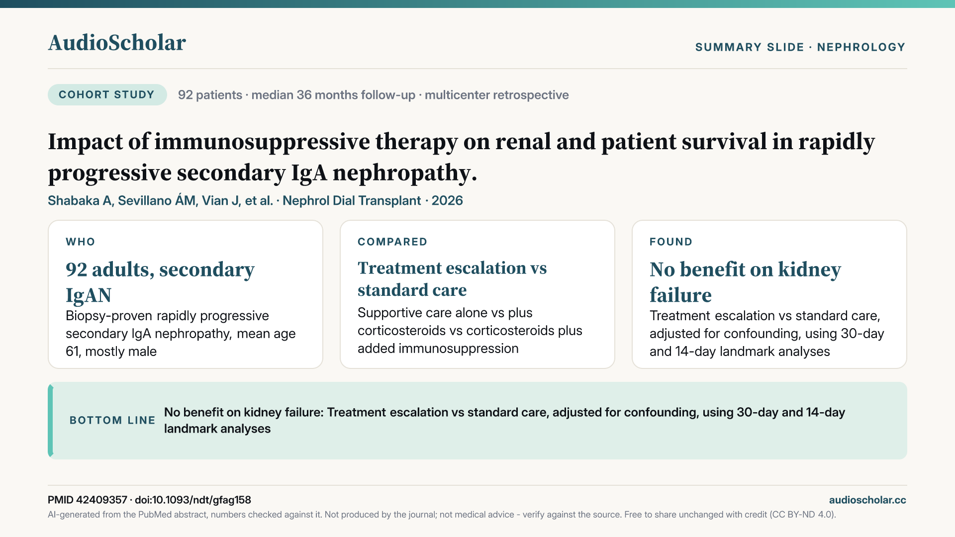 Summary slide: Impact of immunosuppressive therapy on renal and patient survival in rapidly progressive secondary IgA nephropathy.