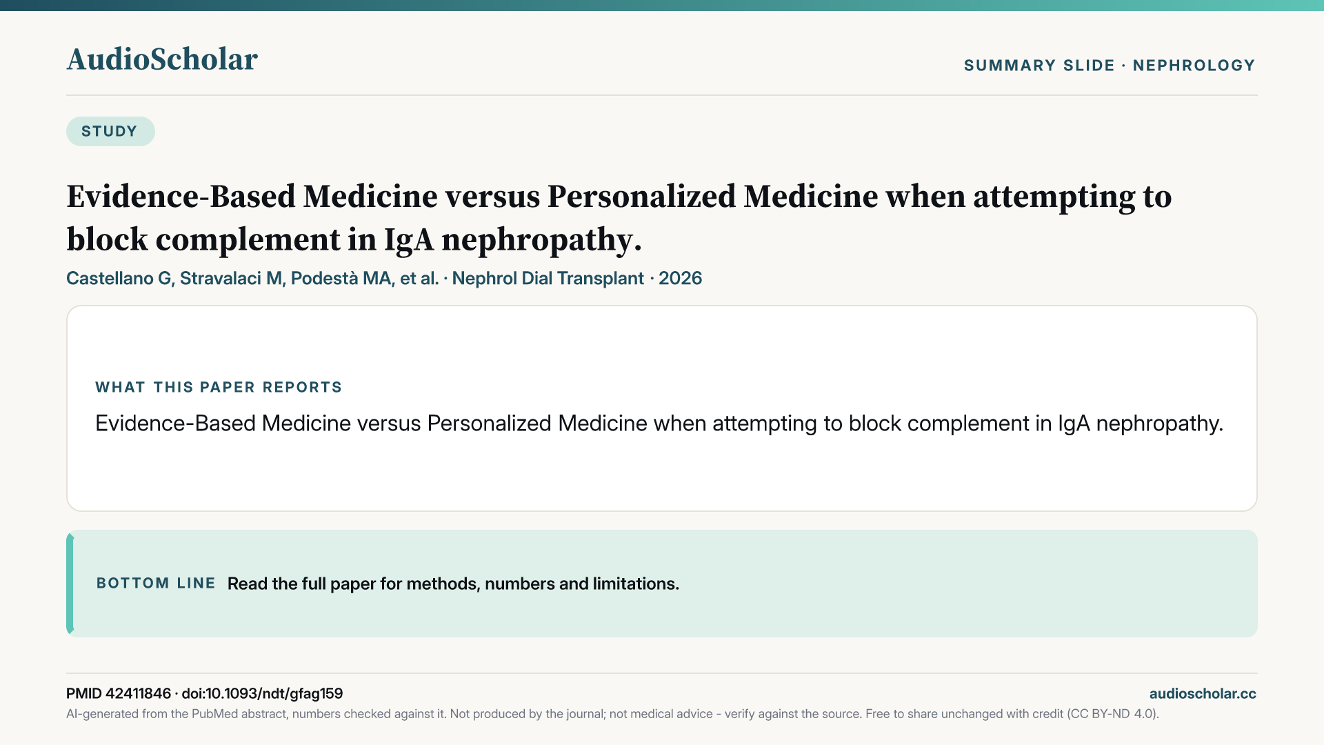 Summary slide: Evidence-Based Medicine versus Personalized Medicine when attempting to block complement in IgA nephropathy.