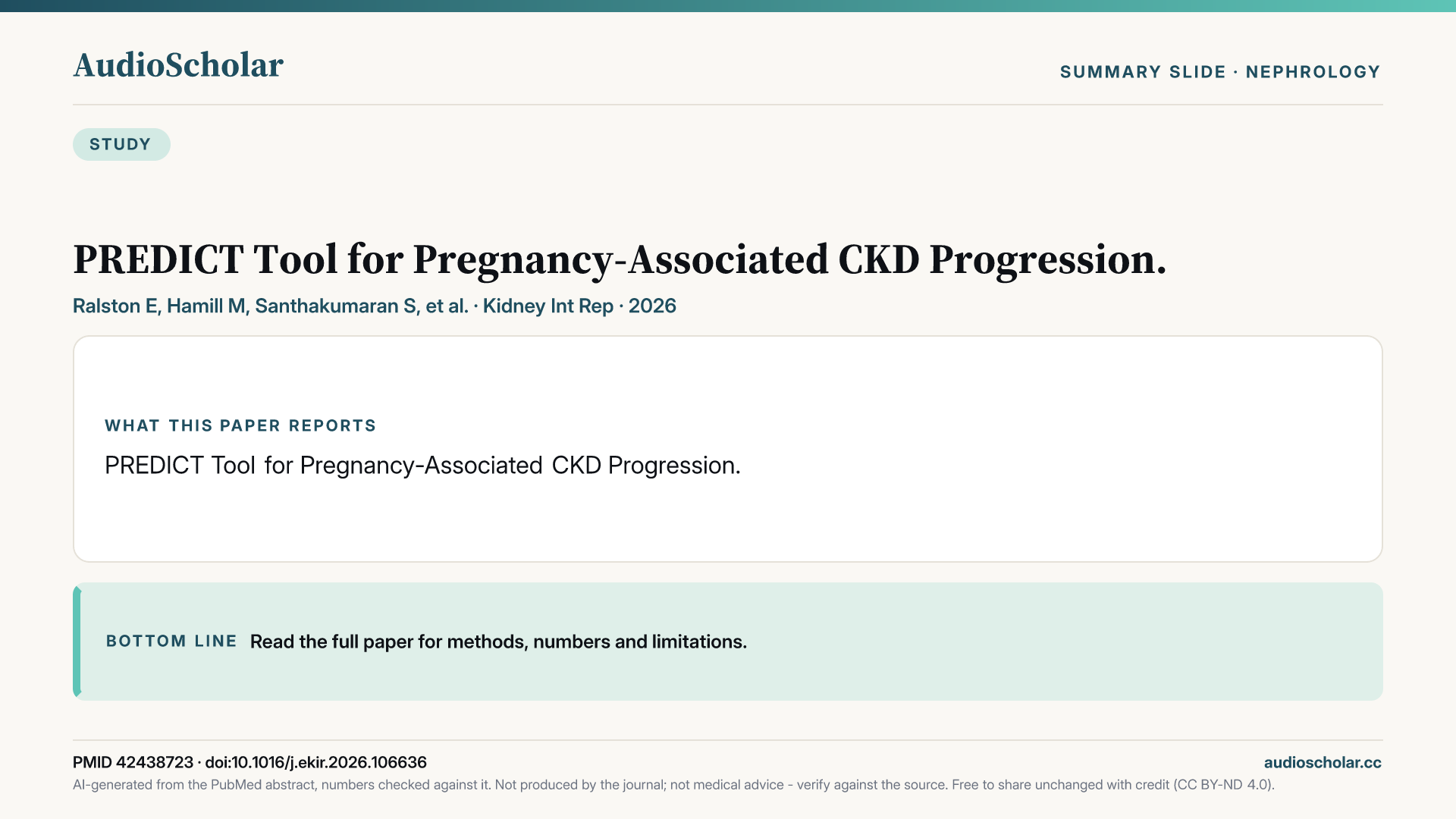 Summary slide: PREDICT Tool for Pregnancy-Associated CKD Progression