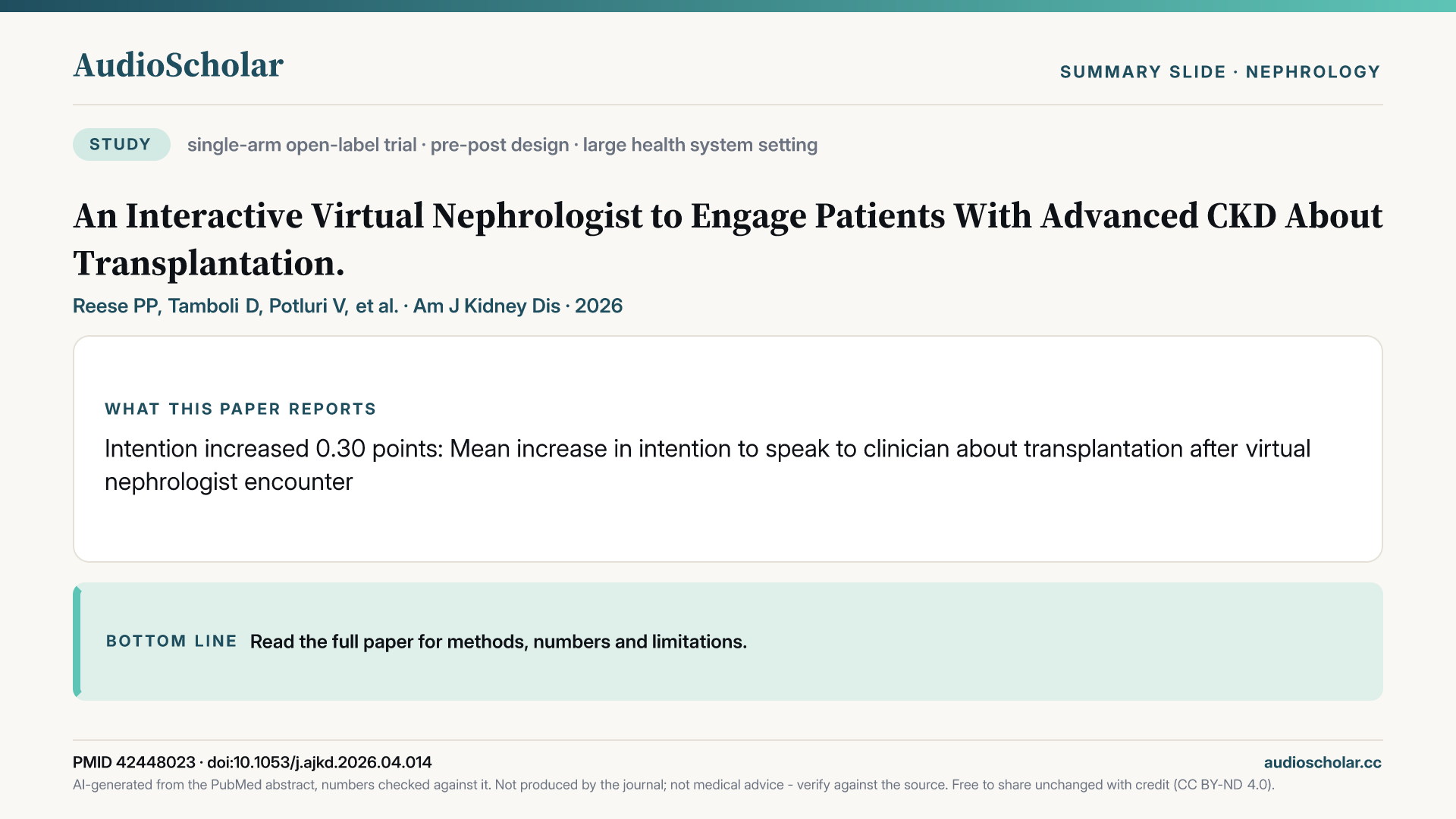 Summary slide: An Interactive Virtual Nephrologist to Engage Patients With Advanced CKD About Transplantation