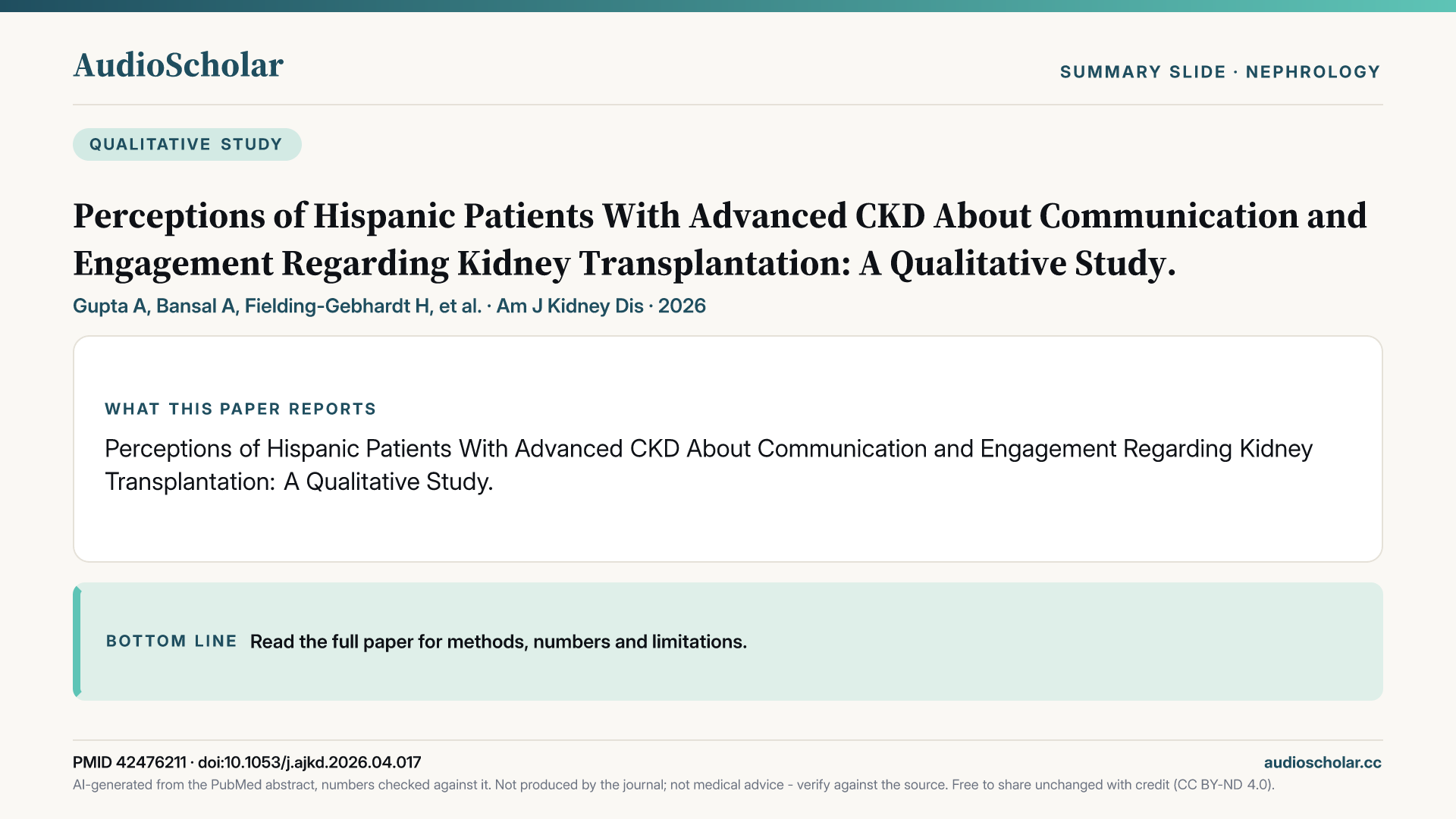 Summary slide: Perceptions of Hispanic Patients with Advanced CKD About Communication and Engagement Regarding Kidney Transplantation: A Qualitative Study