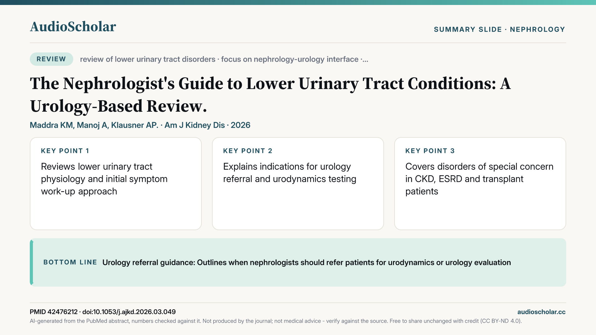 Summary slide: The Nephrologist's Guide to Lower Urinary Tract Conditions: A Urology-Based Review