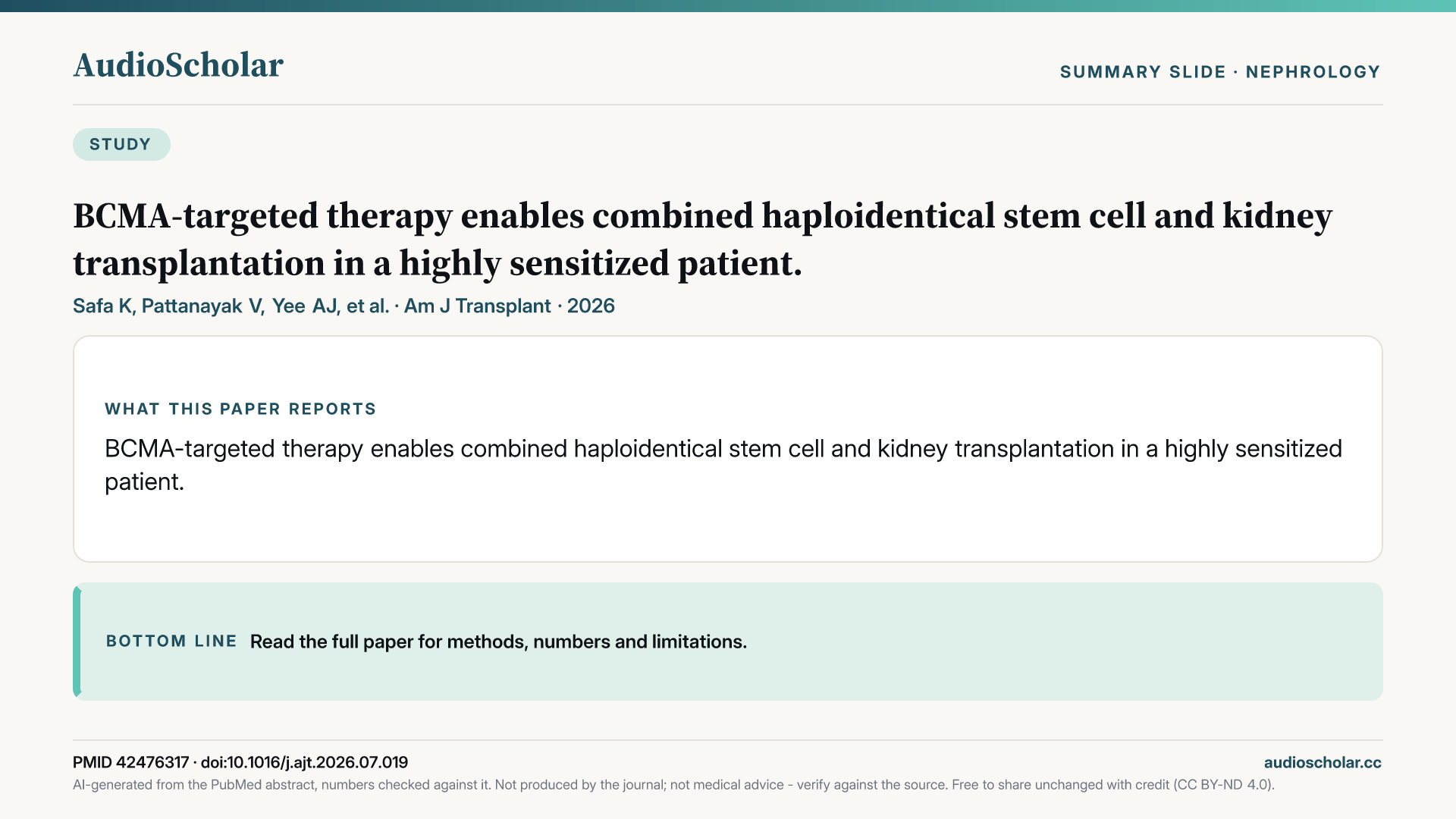 Summary slide: BCMA-Targeted Therapy Enables Combined Haploidentical Stem Cell and Kidney Transplantation in a Highly Sensitized Patient