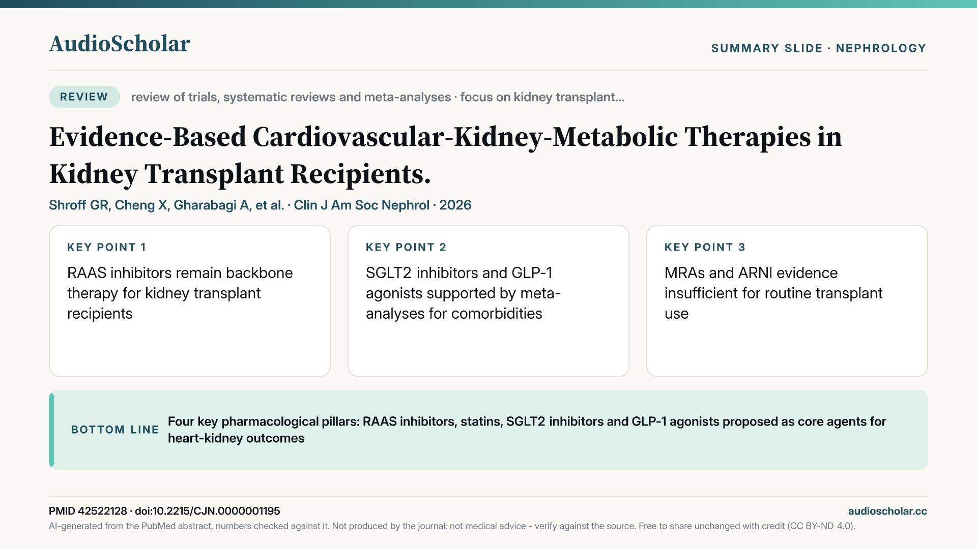 Summary slide: Evidence-Based Cardiovascular-Kidney-Metabolic Therapies in Kidney Transplant Recipients