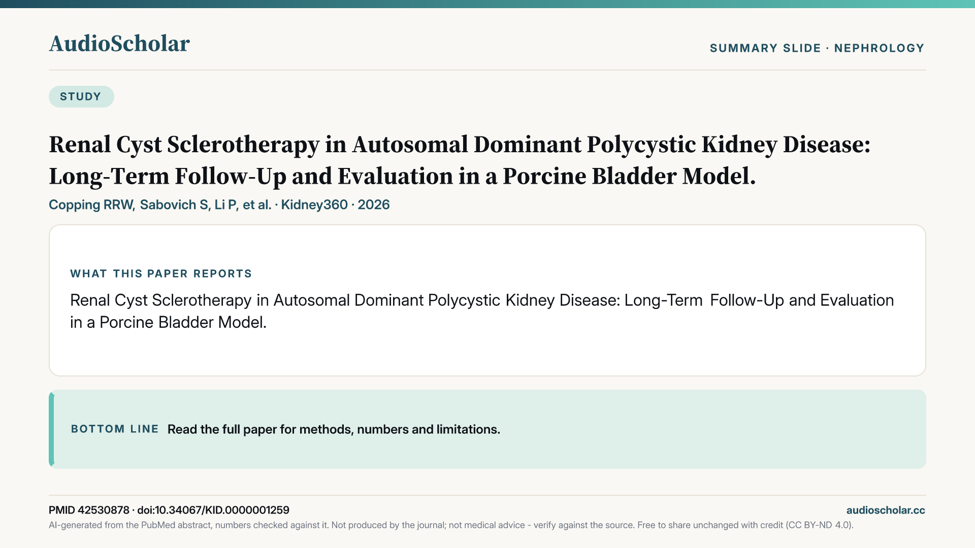 Summary slide: Renal Cyst Sclerotherapy in Autosomal Dominant Polycystic Kidney Disease: Long-Term Follow-Up and Evaluation in a Porcine Bladder Model