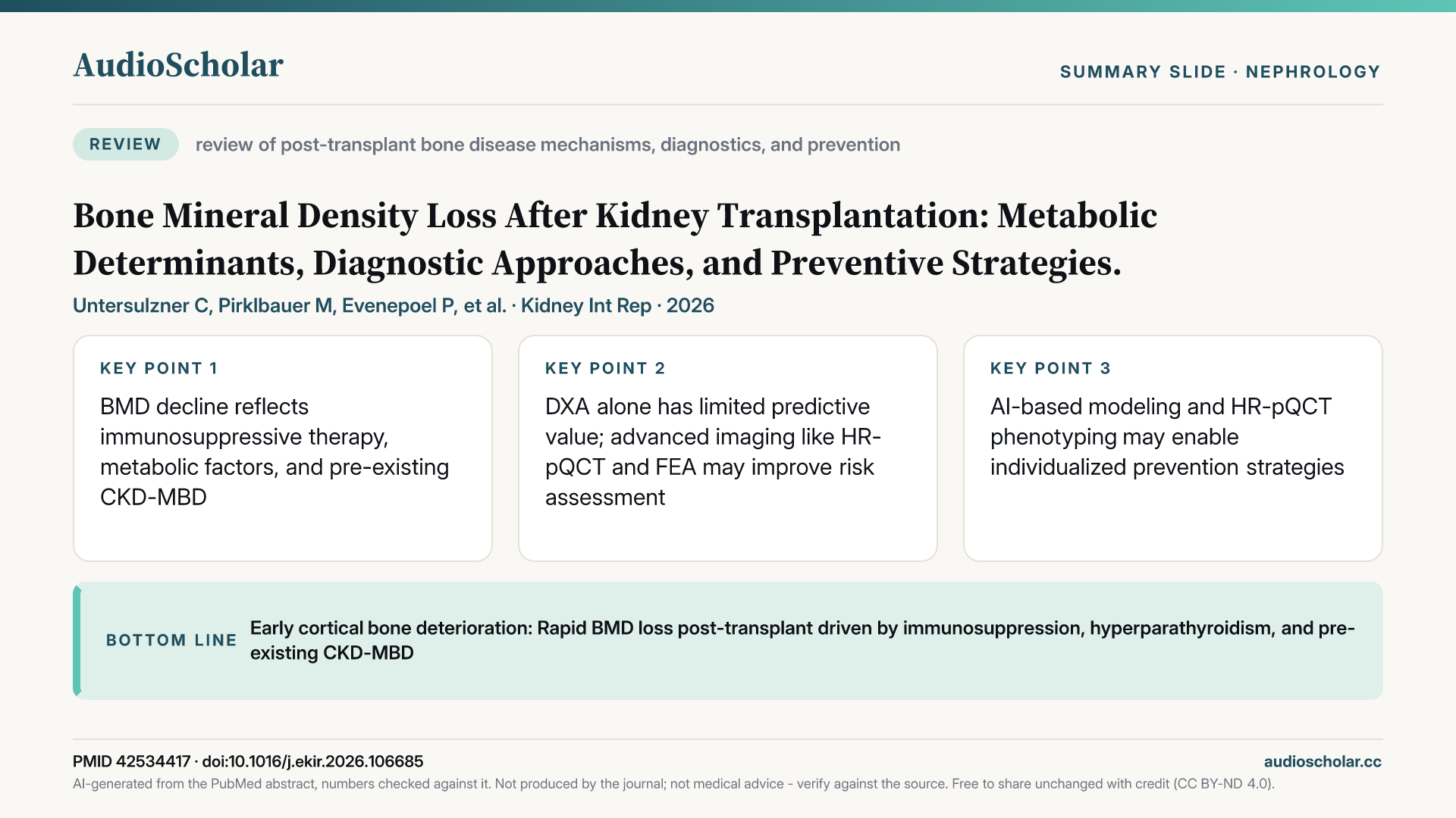 Summary slide: Bone Mineral Density Loss After Kidney Transplantation: Metabolic Determinants, Diagnostic Approaches, and Preventive Strategies
