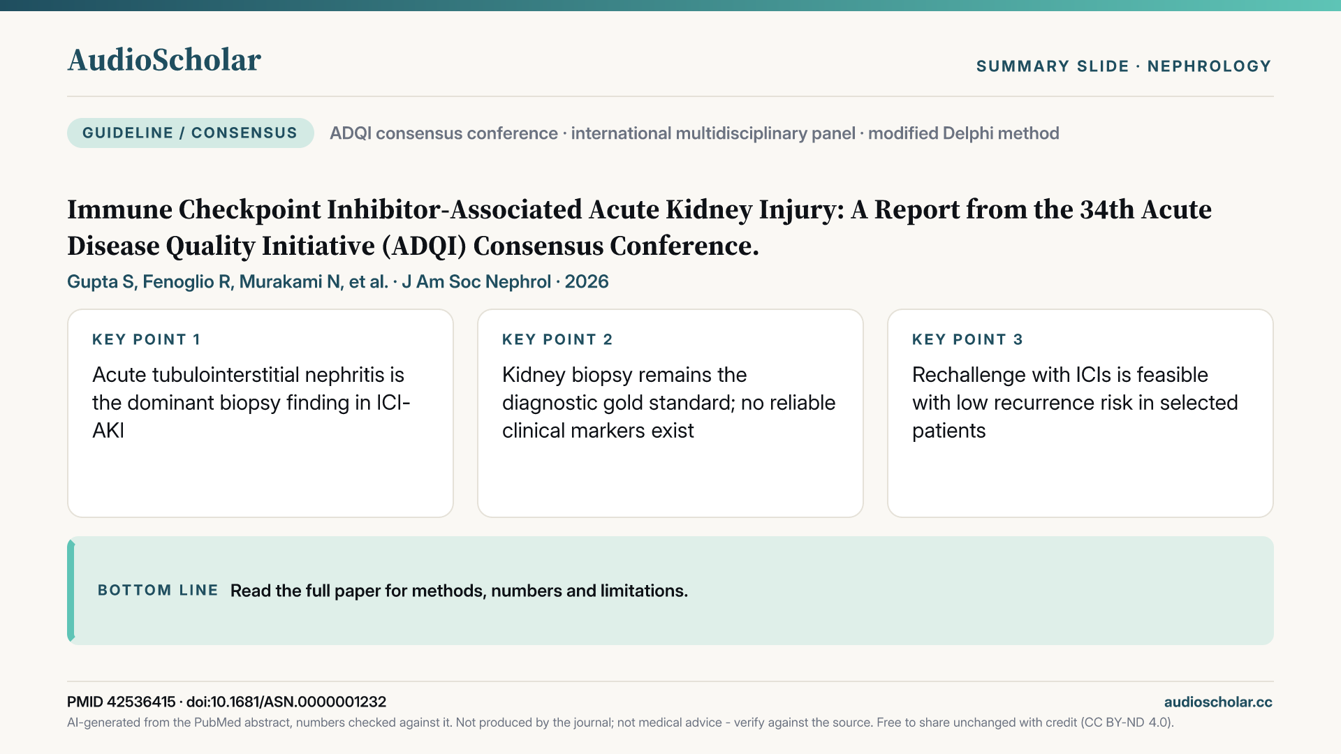 Summary slide: Immune Checkpoint Inhibitor-Associated Acute Kidney Injury: A Report from the 34th Acute Disease Quality Initiative (ADQI) Consensus Conference
