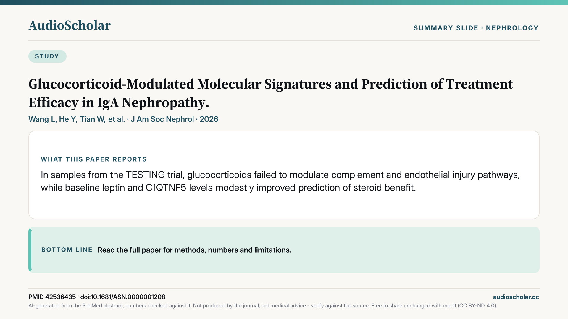 Summary slide: Glucocorticoid-Modulated Molecular Signatures and Prediction of Treatment Efficacy in IgA Nephropathy