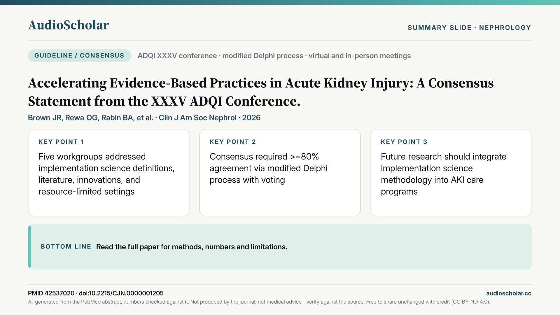Summary slide: Accelerating Evidence-Based Practices in Acute Kidney Injury: A Consensus Statement from the XXXV ADQI Conference