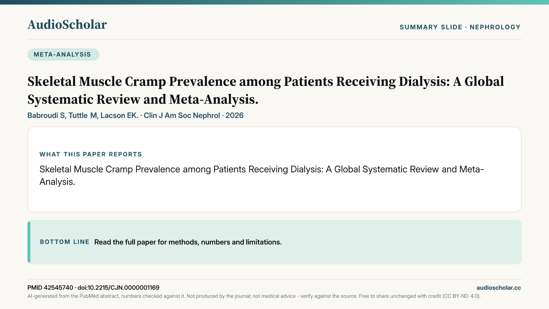 Summary slide: Skeletal Muscle Cramp Prevalence among Patients Receiving Dialysis: A Global Systematic Review and Meta-Analysis