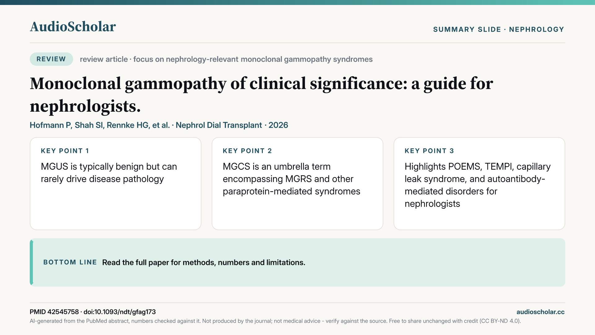 Summary slide: Monoclonal gammopathy of clinical significance: a guide for nephrologists