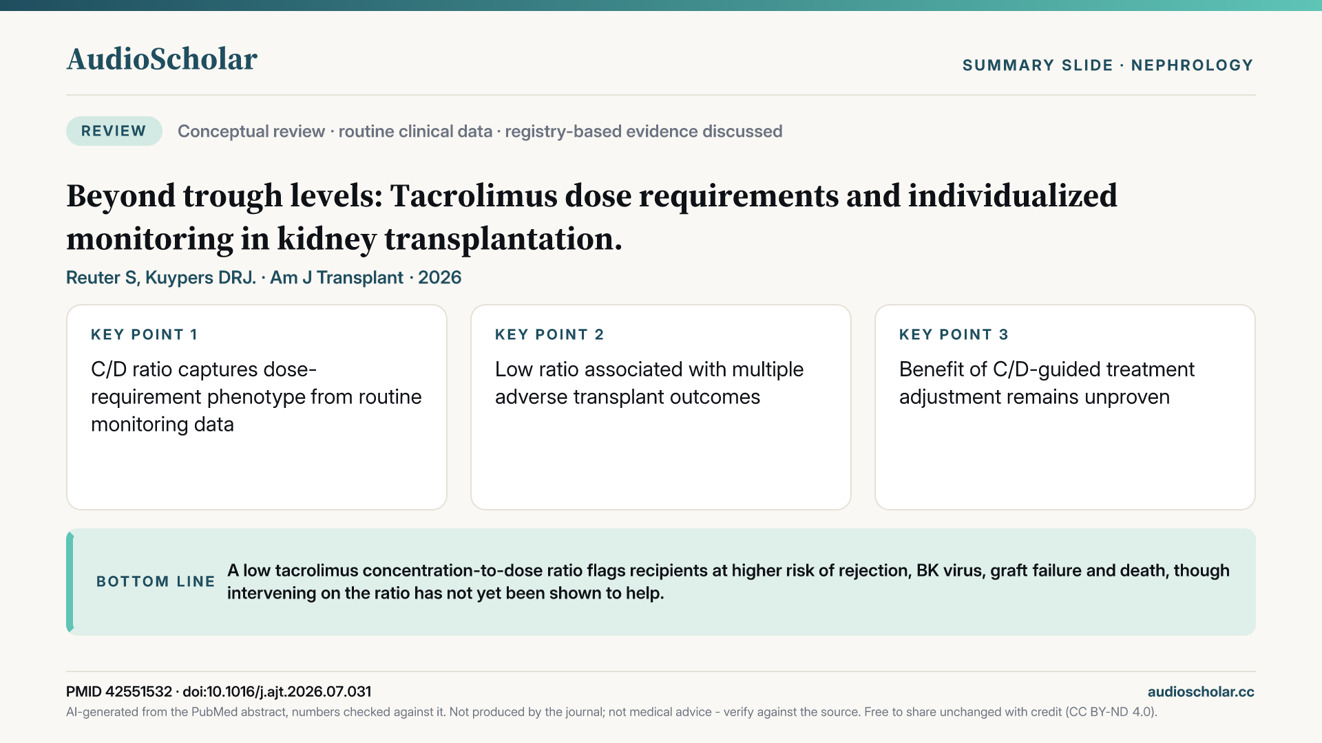 Summary slide: Beyond Trough Levels: Tacrolimus Dose Requirements and Individualized Monitoring in Kidney Transplantation