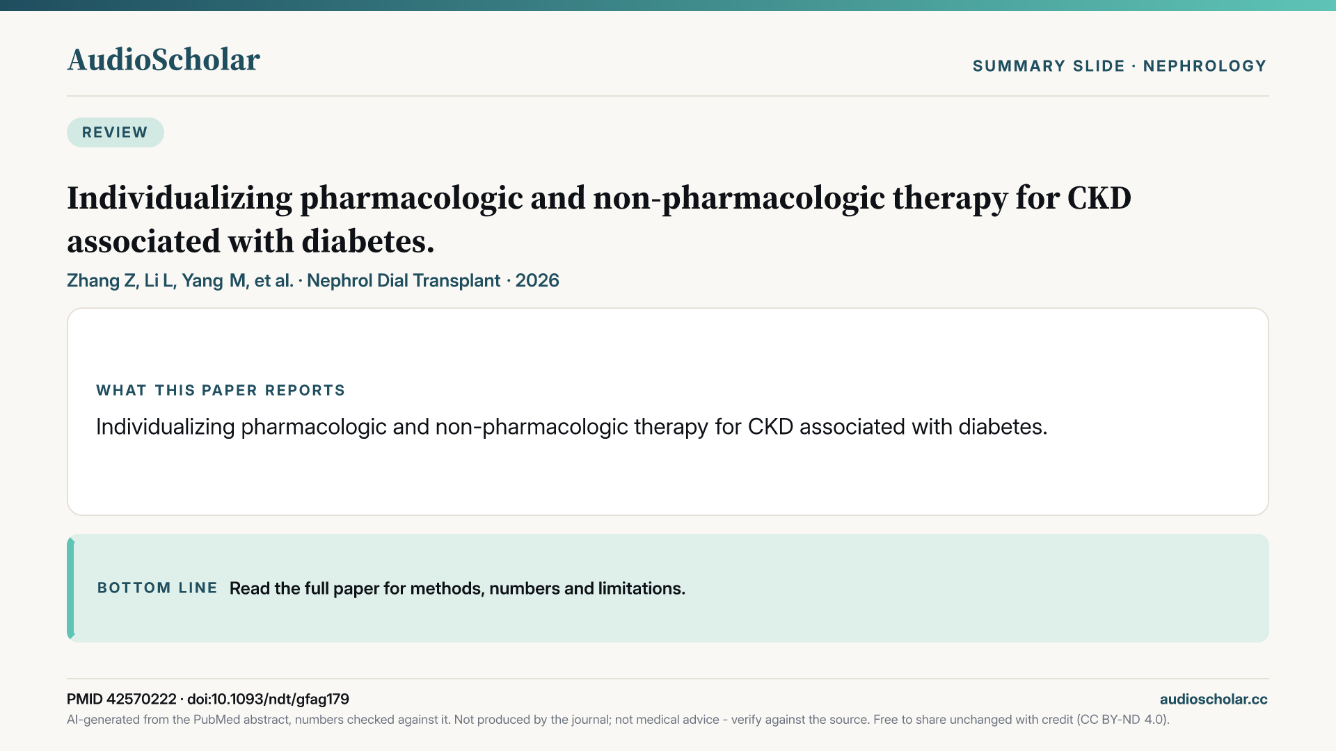 Summary slide: Individualizing pharmacologic and non-pharmacologic therapy for CKD associated with diabetes.