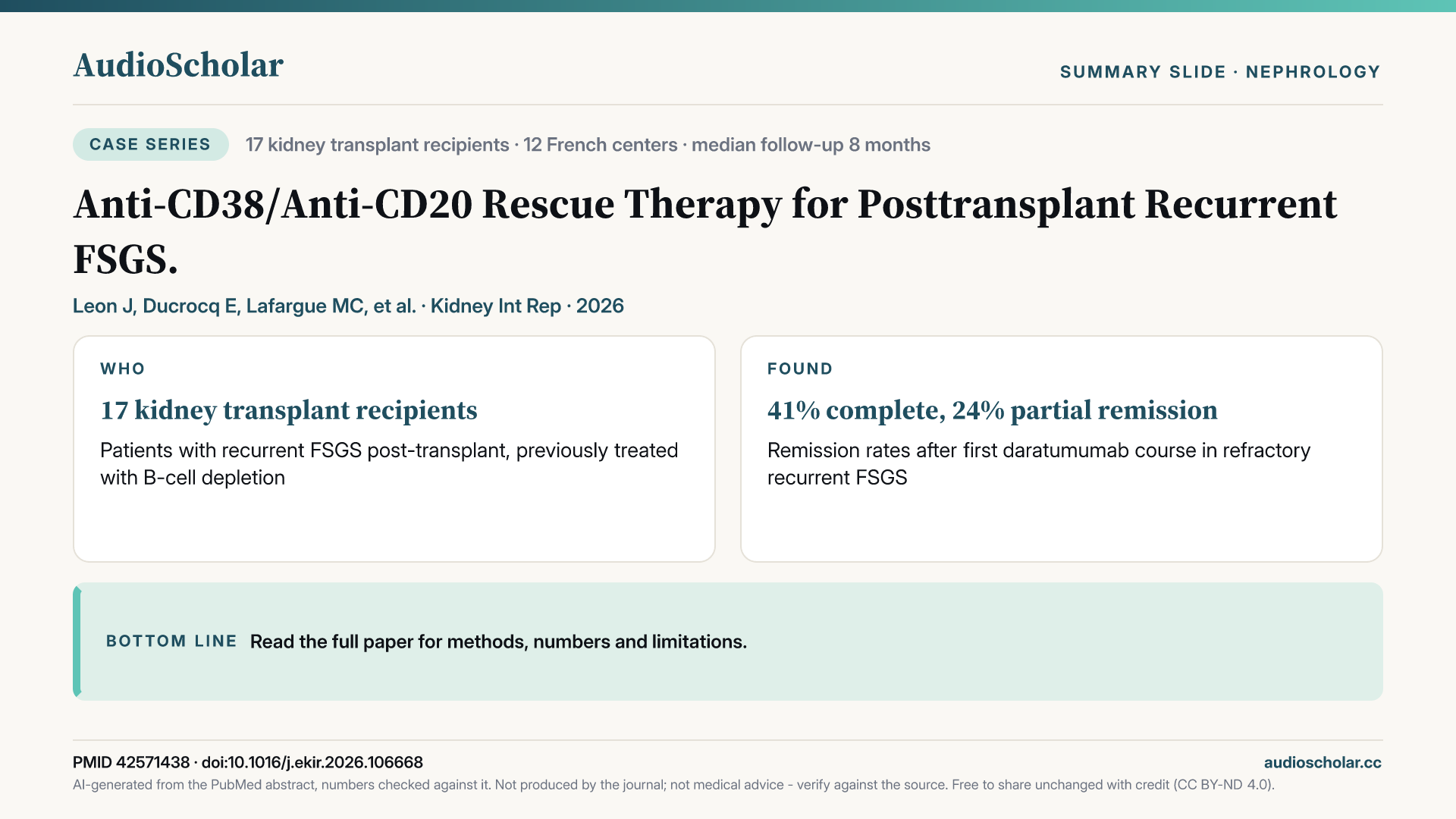 Summary slide: Anti-CD38/Anti-CD20 Rescue Therapy for Posttransplant Recurrent FSGS.