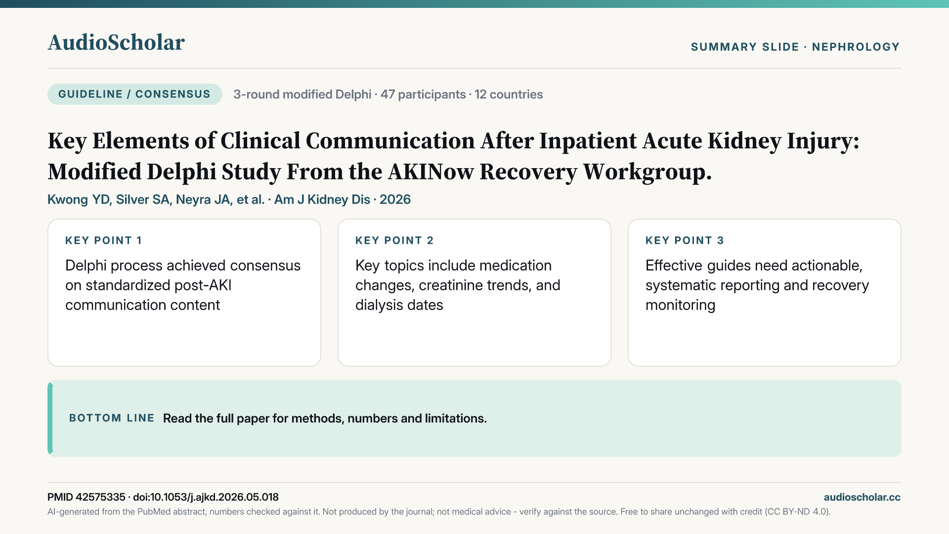 Summary slide: Key Elements of Clinical Communication After Inpatient Acute Kidney Injury: Modified Delphi Study From the AKINow Recovery Workgroup.