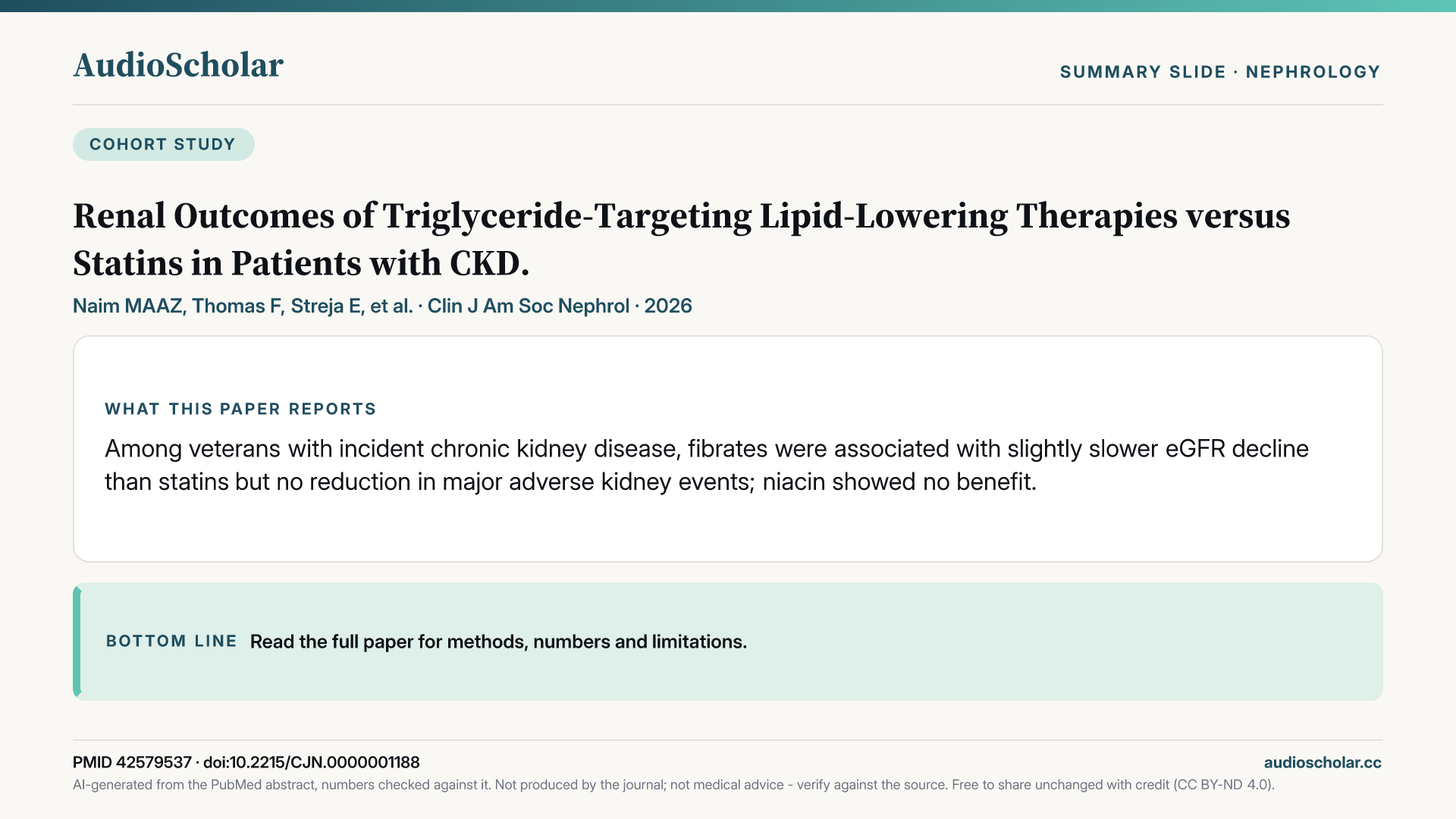 Summary slide: Renal Outcomes of Triglyceride-Targeting Lipid-Lowering Therapies versus Statins in Patients with CKD.