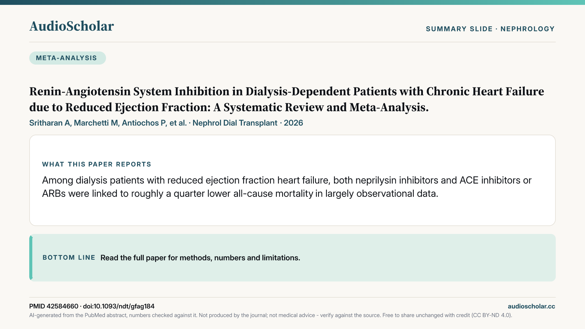 Summary slide: Renin-Angiotensin System Inhibition in Dialysis-Dependent Patients with Chronic Heart Failure due to Reduced Ejection Fraction: A Systematic Review and Meta-Analysis.