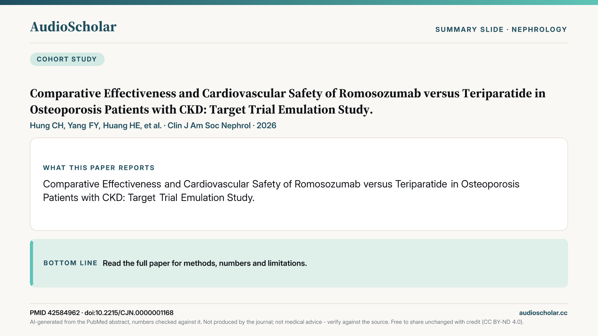 Summary slide: Comparative Effectiveness and Cardiovascular Safety of Romosozumab versus Teriparatide in Osteoporosis Patients with CKD: Target Trial Emulation Study.
