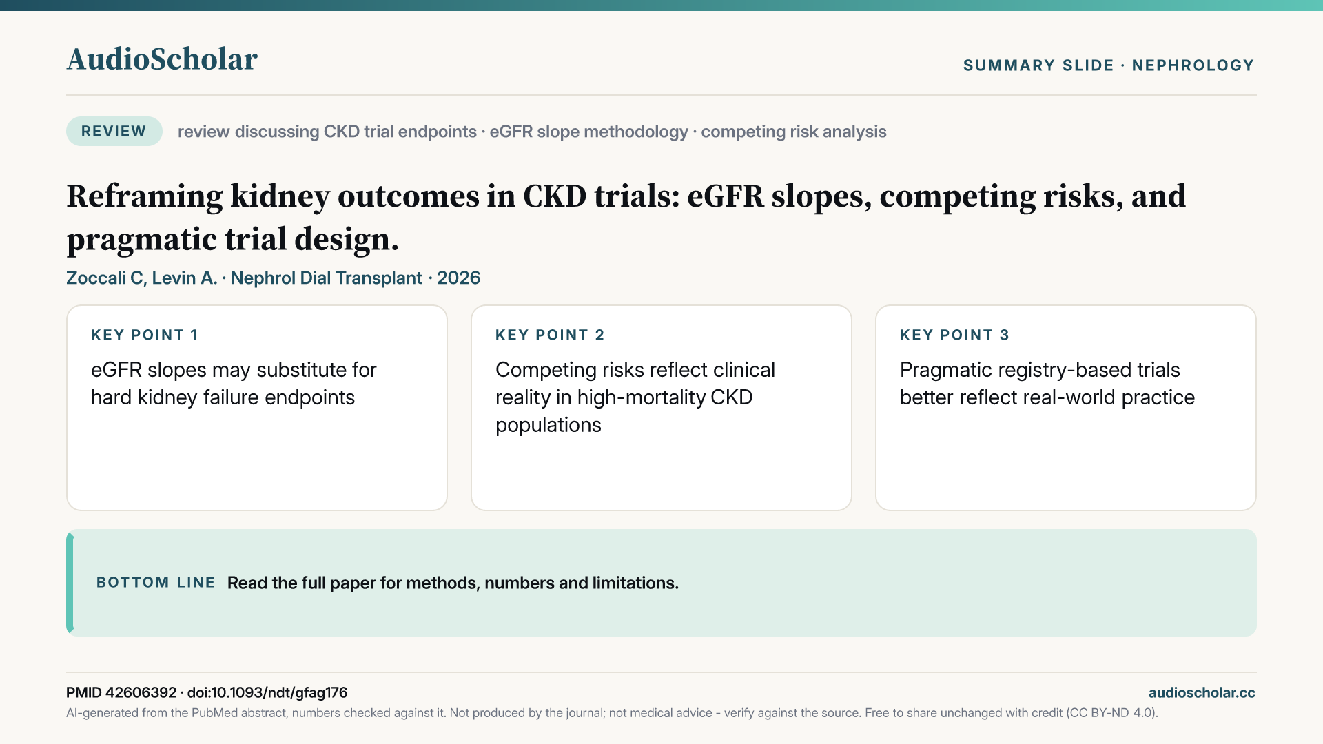 Summary slide: Reframing kidney outcomes in CKD trials: eGFR slopes, competing risks, and pragmatic trial design