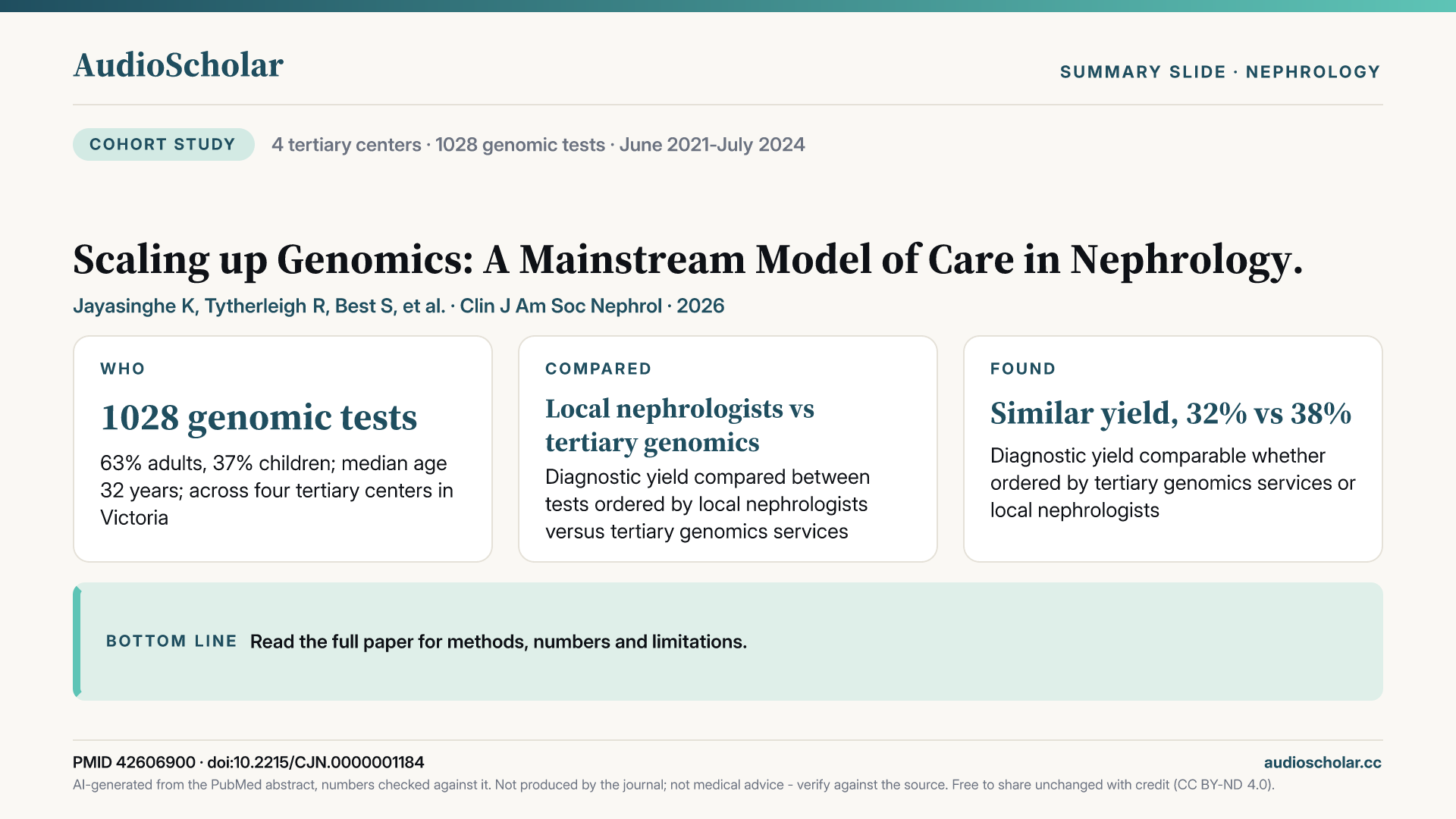 Summary slide: Scaling up Genomics: A Mainstream Model of Care in Nephrology