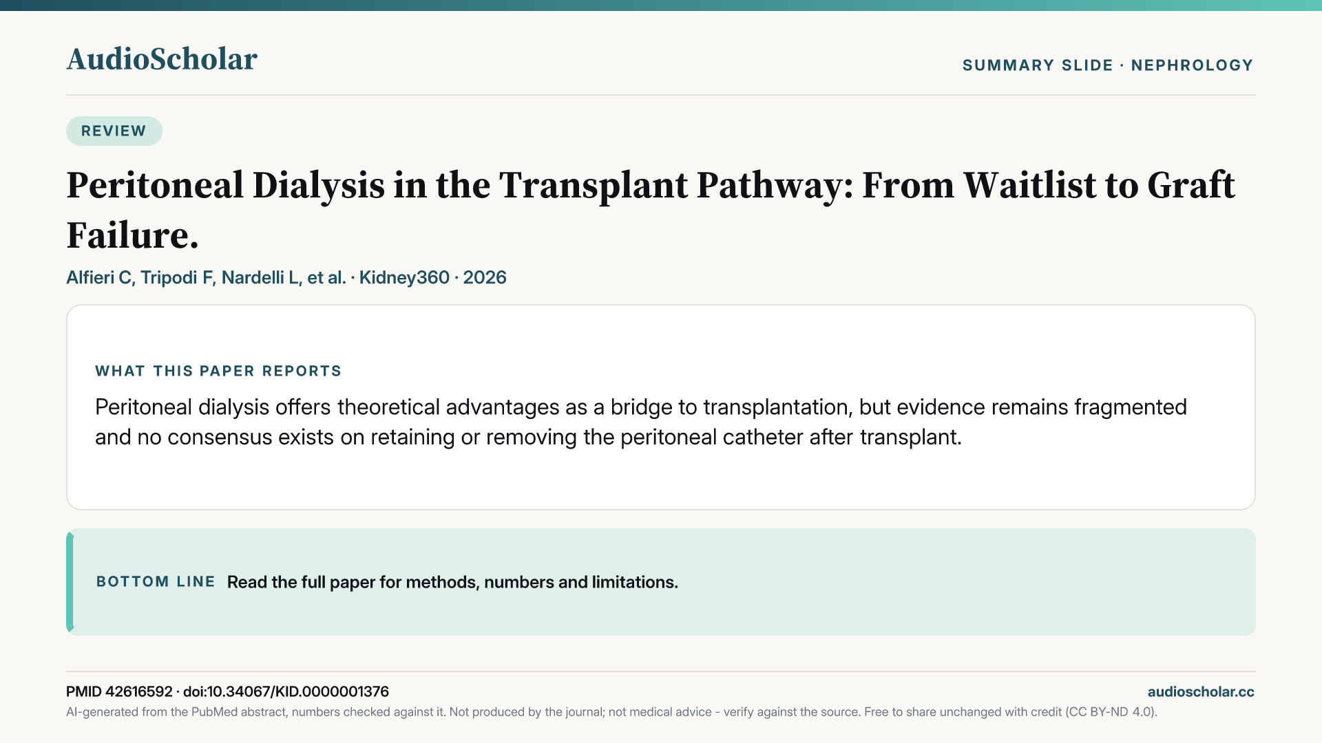 Summary slide: Peritoneal Dialysis in the Transplant Pathway: From Waitlist to Graft Failure