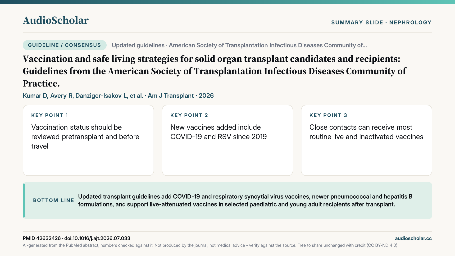 Summary slide: Vaccination and Safe Living Strategies for Solid Organ Transplant Candidates and Recipients: Guidelines from the American Society of Transplantation Infectious Diseases Community of Practice.